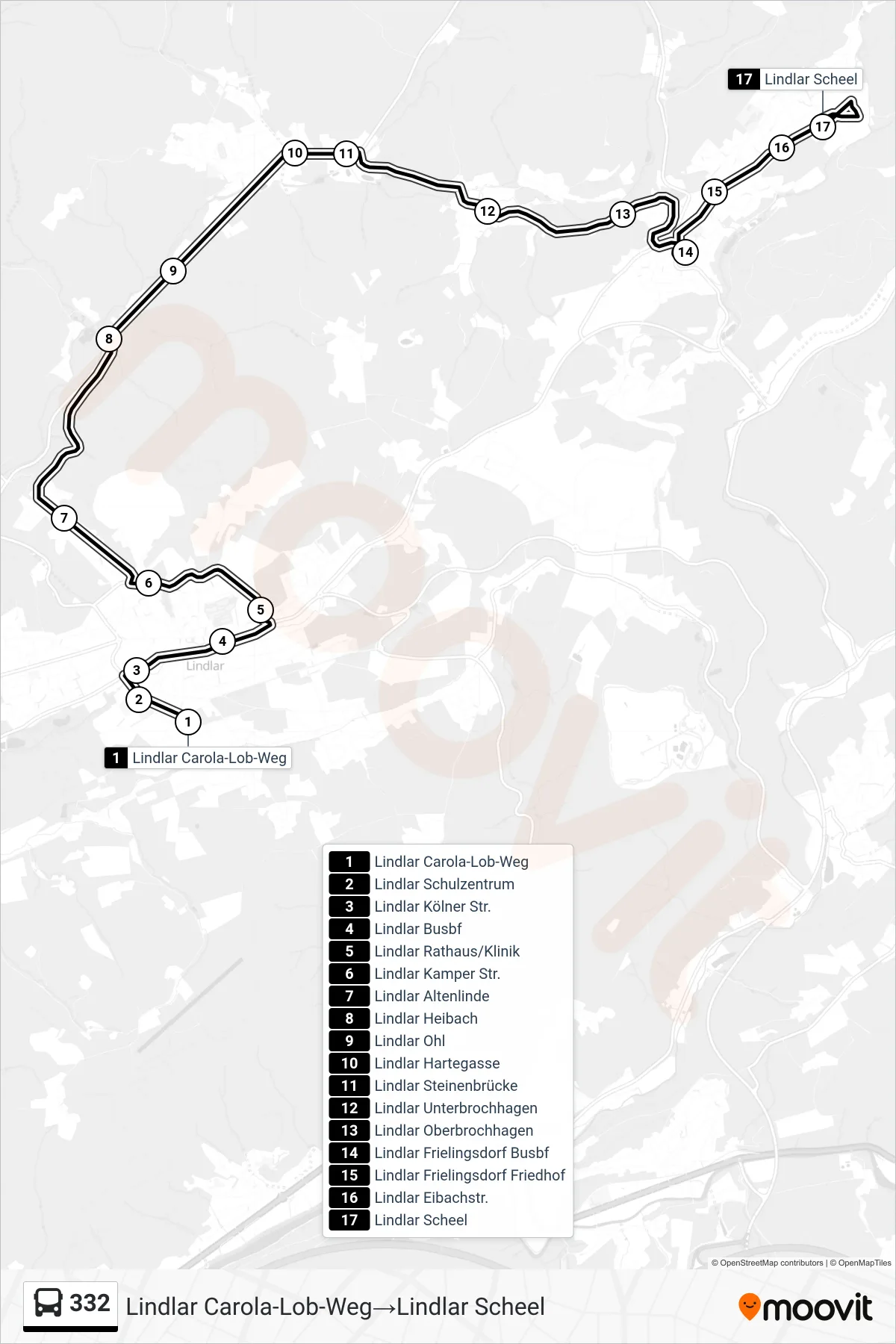 Linie 332 (Bus) Richtung Lindlar Carola-Lob-Weg‎→Lindlar Scheel: Route und Haltestellen auf der Karte