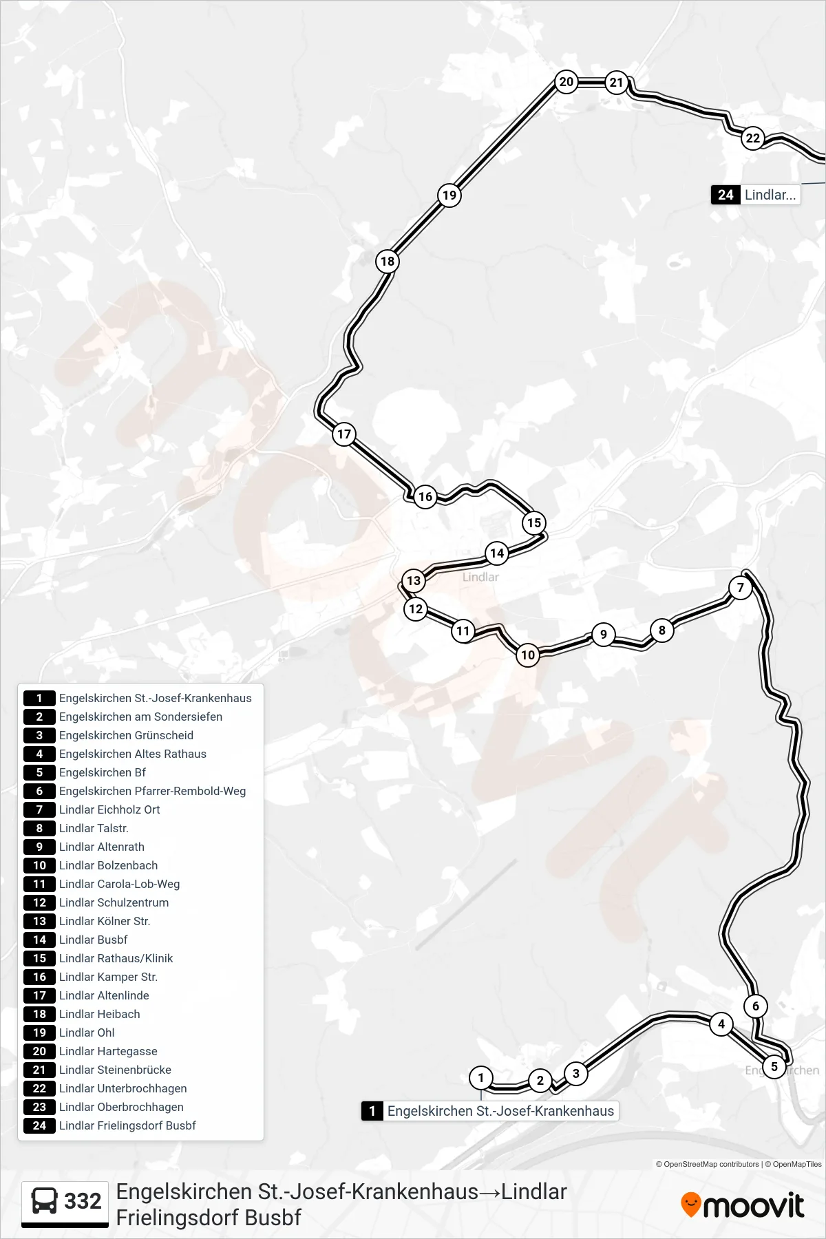 Linie 332 (Bus) Richtung Engelskirchen St.-Josef-Krankenhaus→Lindlar Frielingsdorf Busbf: Route und Haltestellen auf der Karte