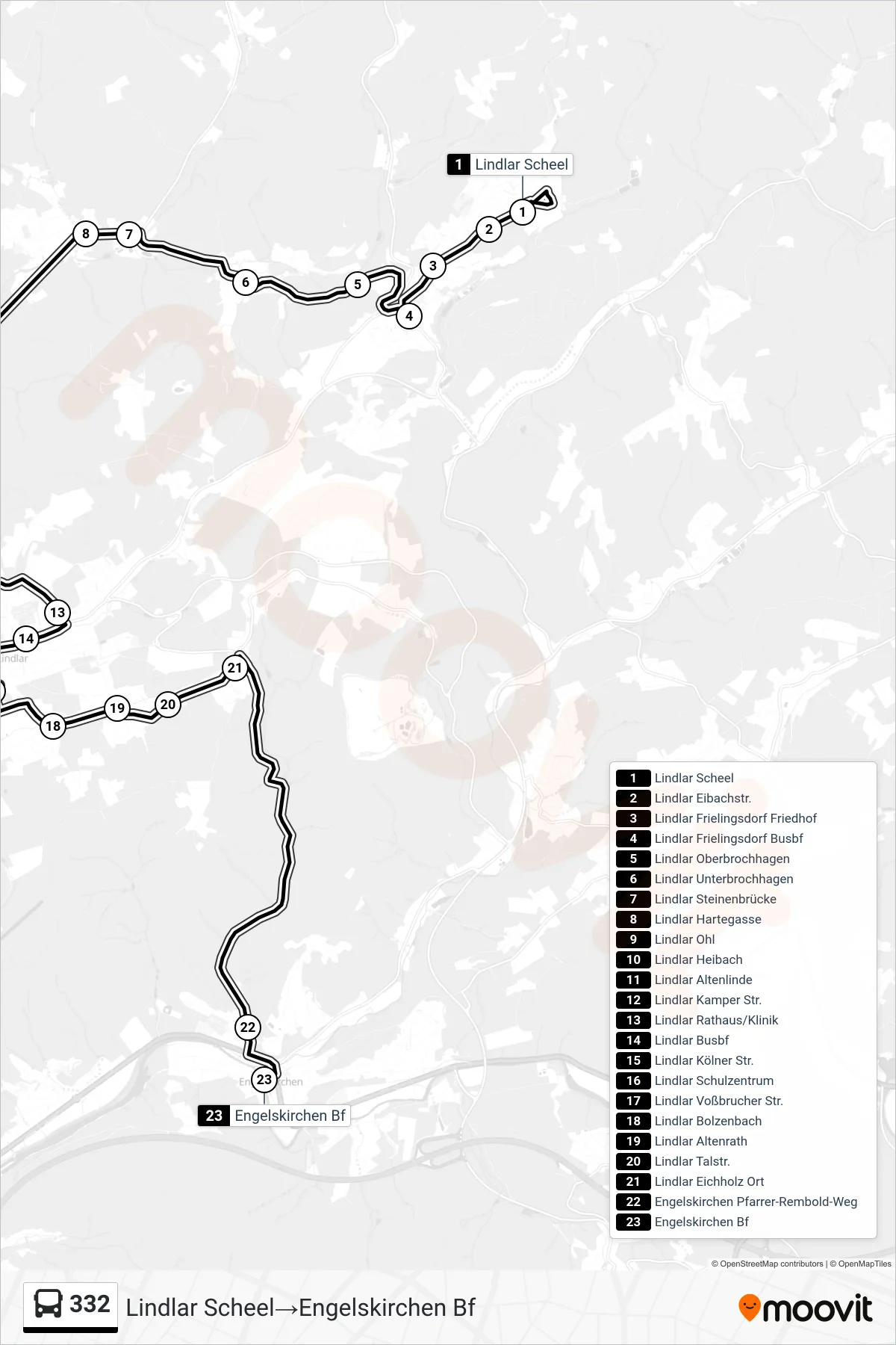 Linie 332 (Bus) Richtung Lindlar Scheel‎→Engelskirchen Bf: Route und Haltestellen auf der Karte