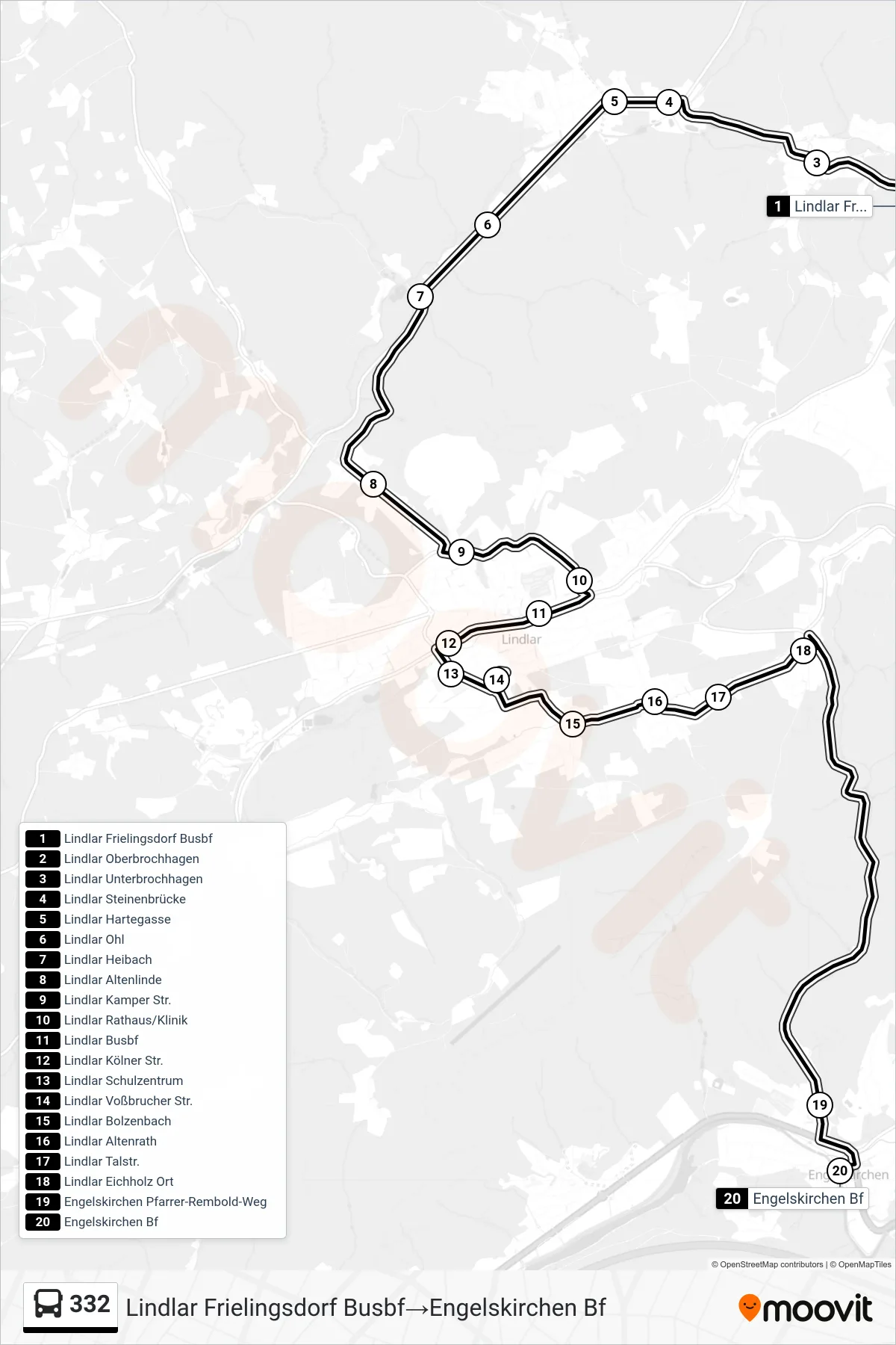 Linie 332 (Bus) Richtung Lindlar Frielingsdorf Busbf‎→Engelskirchen Bf: Route und Haltestellen auf der Karte