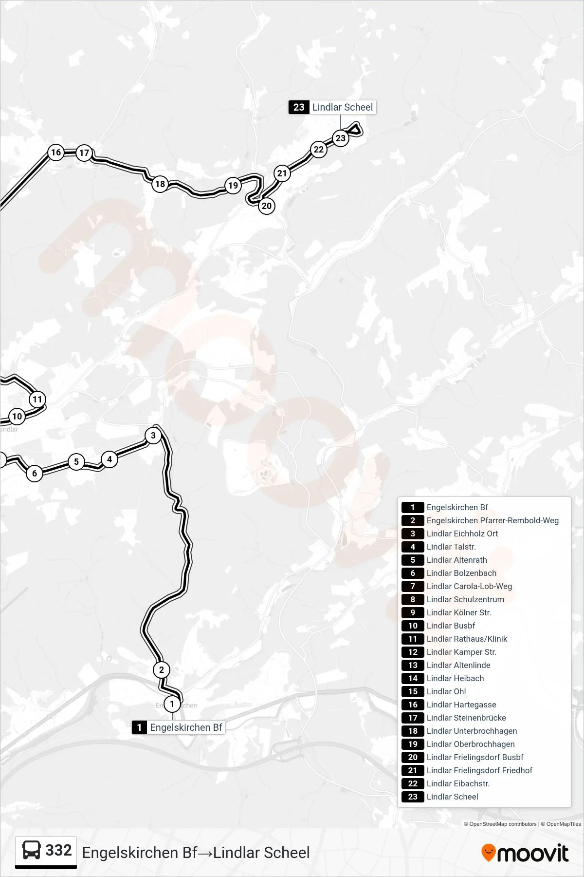 Linie 332 (Bus) Richtung Engelskirchen Bf‎→Lindlar Scheel: Route und Haltestellen auf der Karte