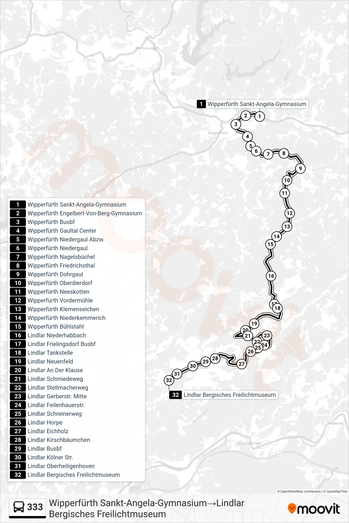 Linie 333 (Bus) Richtung Wipperfürth Sankt-Angela-Gymnasium‎→Lindlar Bergisches Freilichtmuseum: Route und Haltestellen auf der Karte