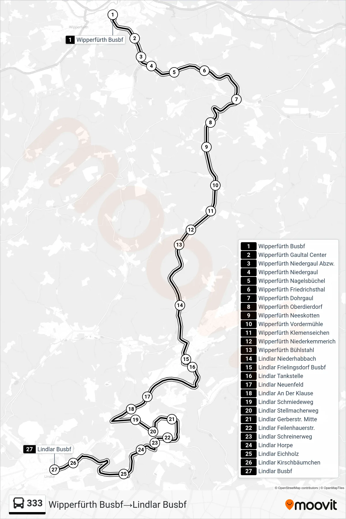 Linie 333 (Bus) Richtung Wipperfürth Busbf→Lindlar Busbf: Route und Haltestellen auf der Karte
