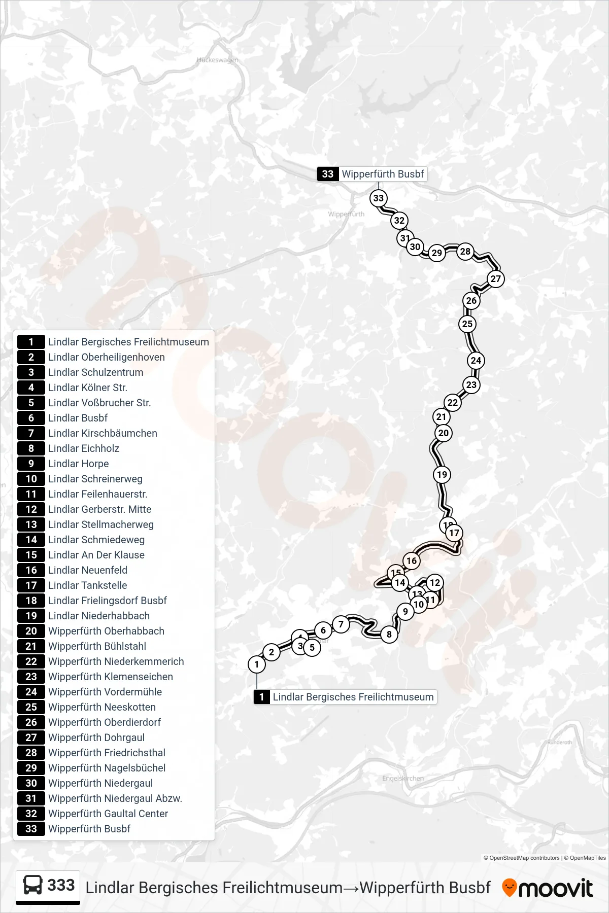 Linie 333 (Bus) Richtung Lindlar Bergisches Freilichtmuseum‎→Wipperfürth Busbf: Route und Haltestellen auf der Karte