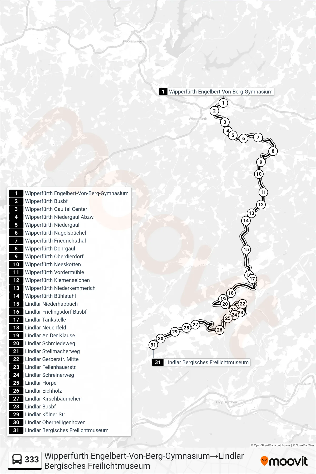 Linie 333 (Bus) Richtung Wipperfürth Engelbert-Von-Berg-Gymnasium‎→Lindlar Bergisches Freilichtmuseum: Route und Haltestellen auf der Karte