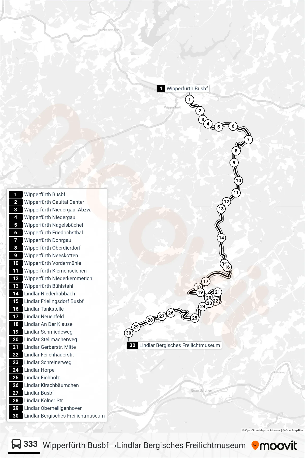 Linie 333 (Bus) Richtung Wipperfürth Busbf→Lindlar Bergisches Freilichtmuseum: Route und Haltestellen auf der Karte