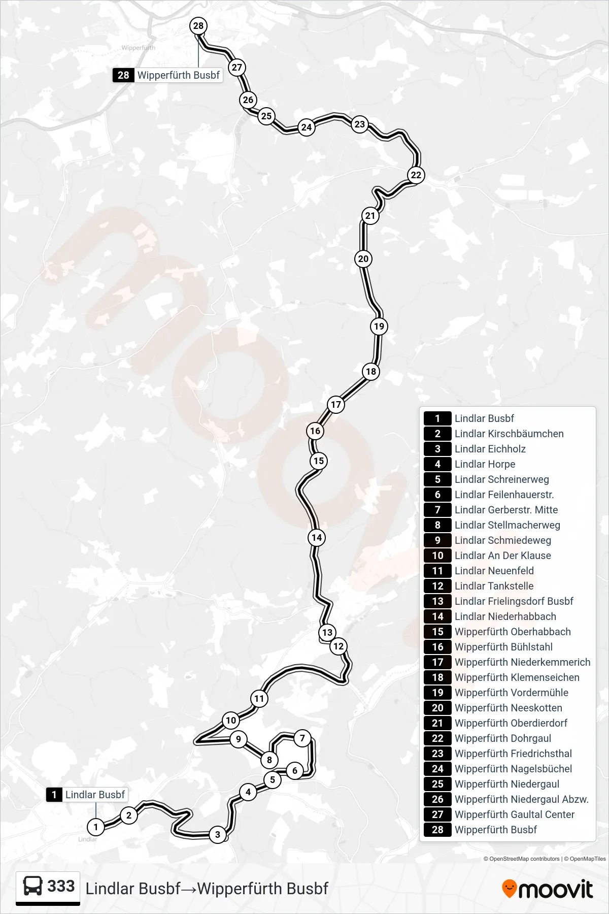 Linie 333 (Bus) Richtung Lindlar Busbf→Wipperfürth Busbf: Route und Haltestellen auf der Karte