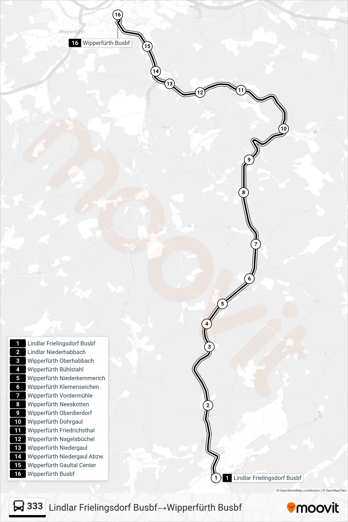 Linie 333 (Bus) Richtung Lindlar Frielingsdorf Busbf‎→Wipperfürth Busbf: Route und Haltestellen auf der Karte