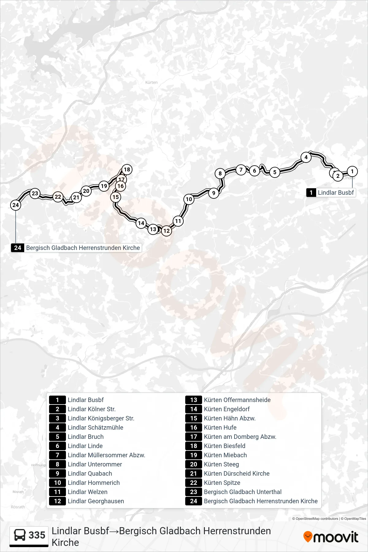 335 bus Line (Lindlar Busbf‎→Bergisch Gladbach Herrenstrunden Kirche) route and stops on a map