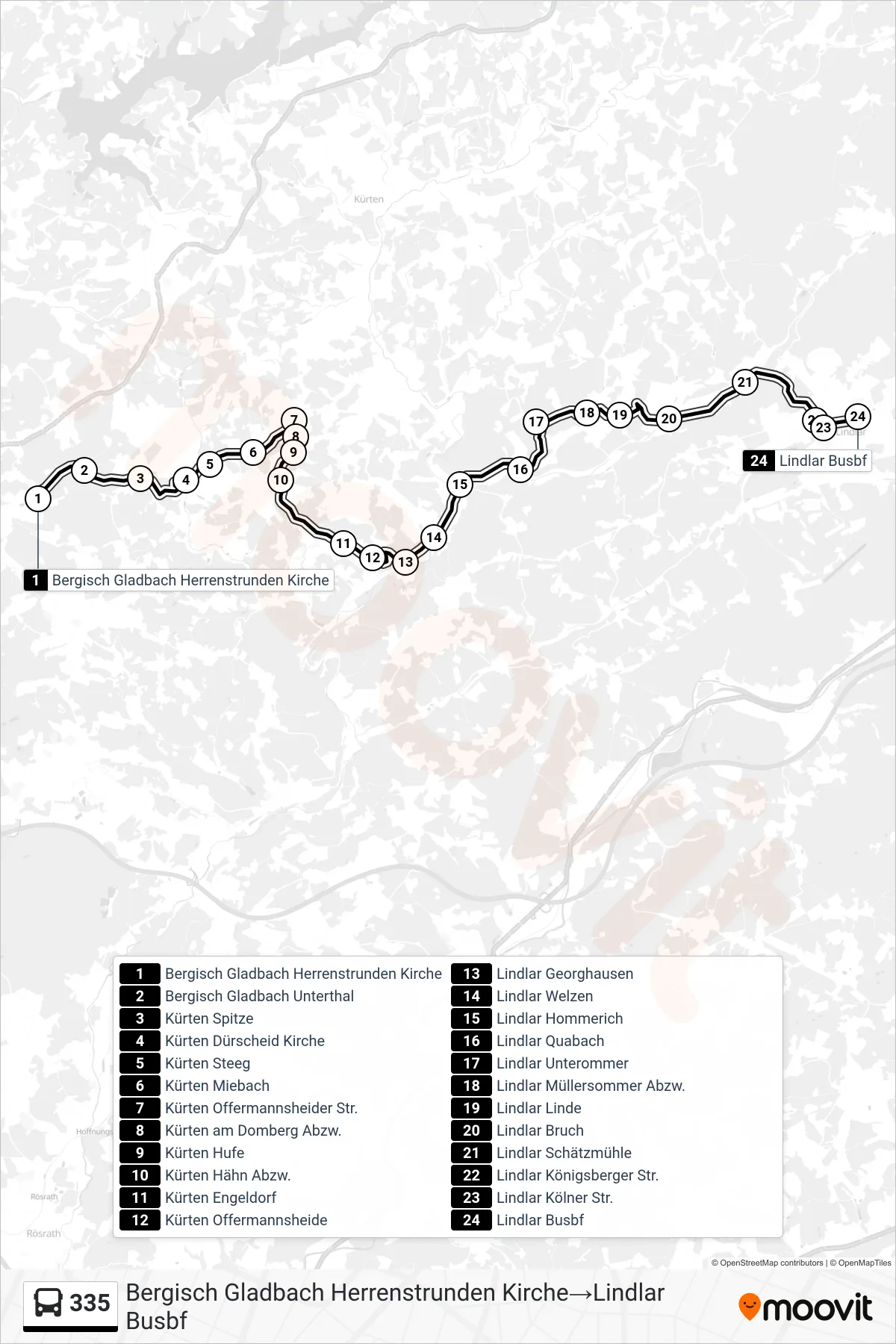 Linie 335 (Bus) Richtung Bergisch Gladbach Herrenstrunden Kirche‎→Lindlar Busbf: Route und Haltestellen auf der Karte