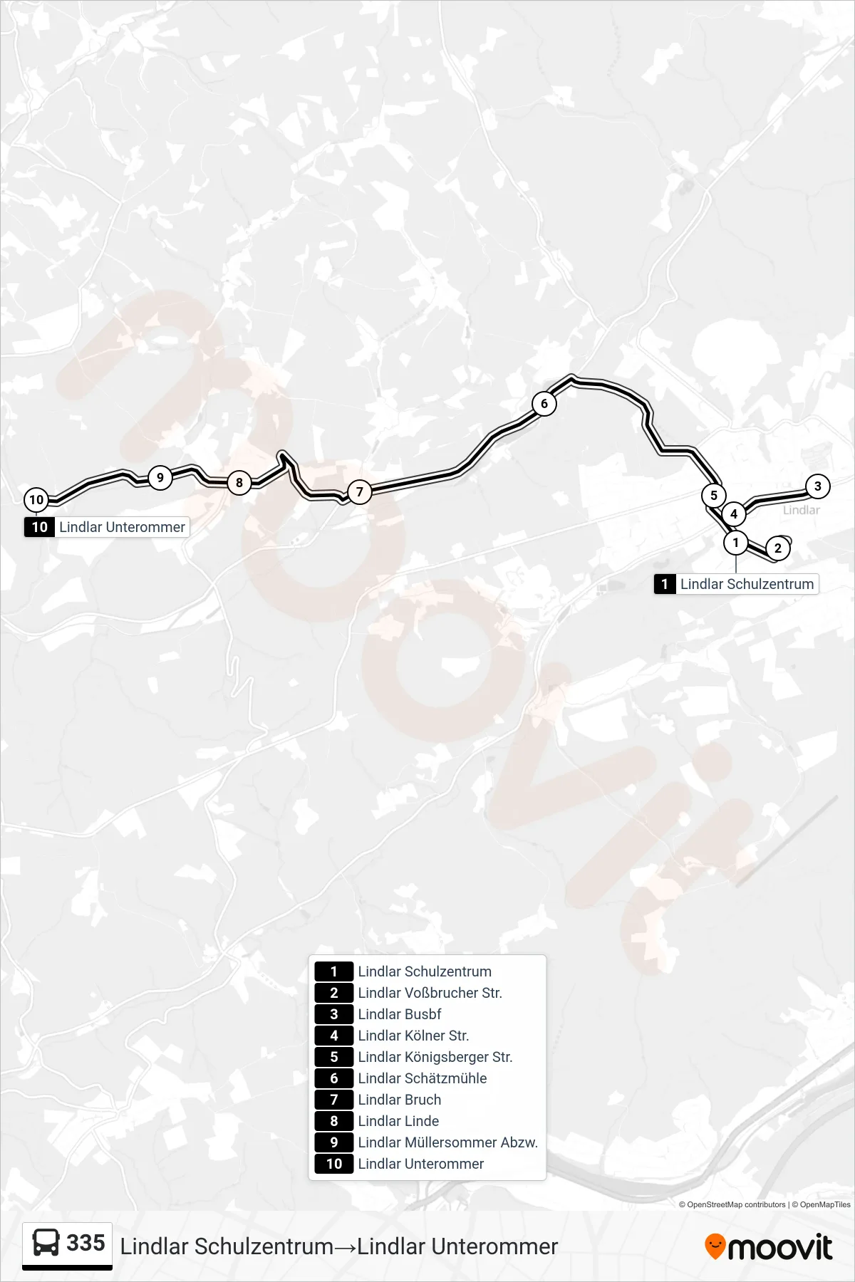 Linie 335 (Bus) Richtung Lindlar Schulzentrum→Lindlar Unterommer: Route und Haltestellen auf der Karte