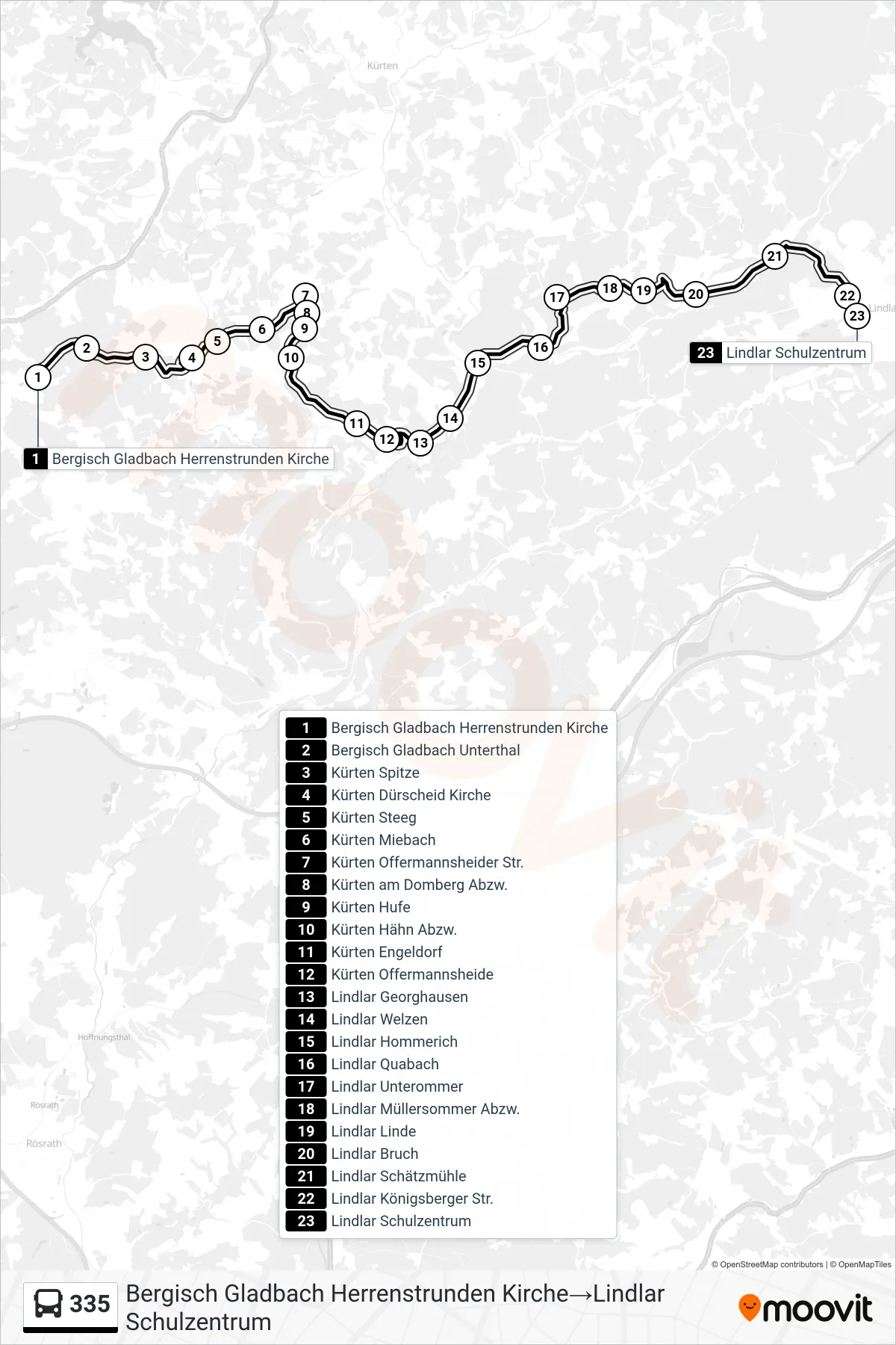 Linie 335 (Bus) Richtung Bergisch Gladbach Herrenstrunden Kirche→Lindlar Schulzentrum: Route und Haltestellen auf der Karte