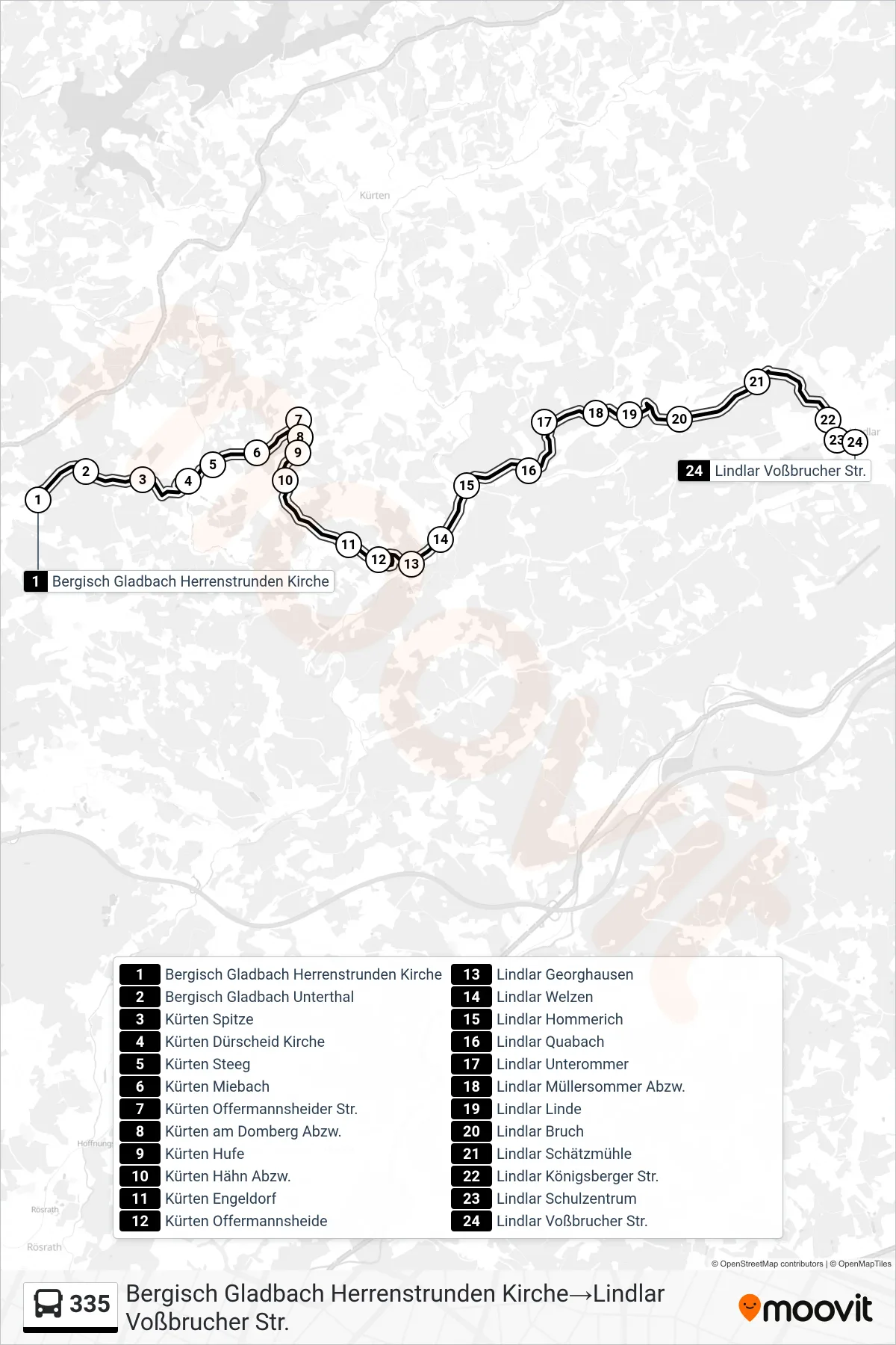 Linie 335 (Bus) Richtung Bergisch Gladbach Herrenstrunden Kirche→Lindlar Voßbrucher Str.: Route und Haltestellen auf der Karte