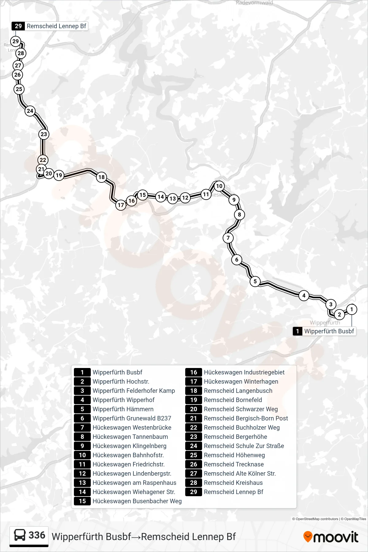 Linie 336 (Bus) Richtung Wipperfürth Busbf→Remscheid Lennep Bf: Route und Haltestellen auf der Karte