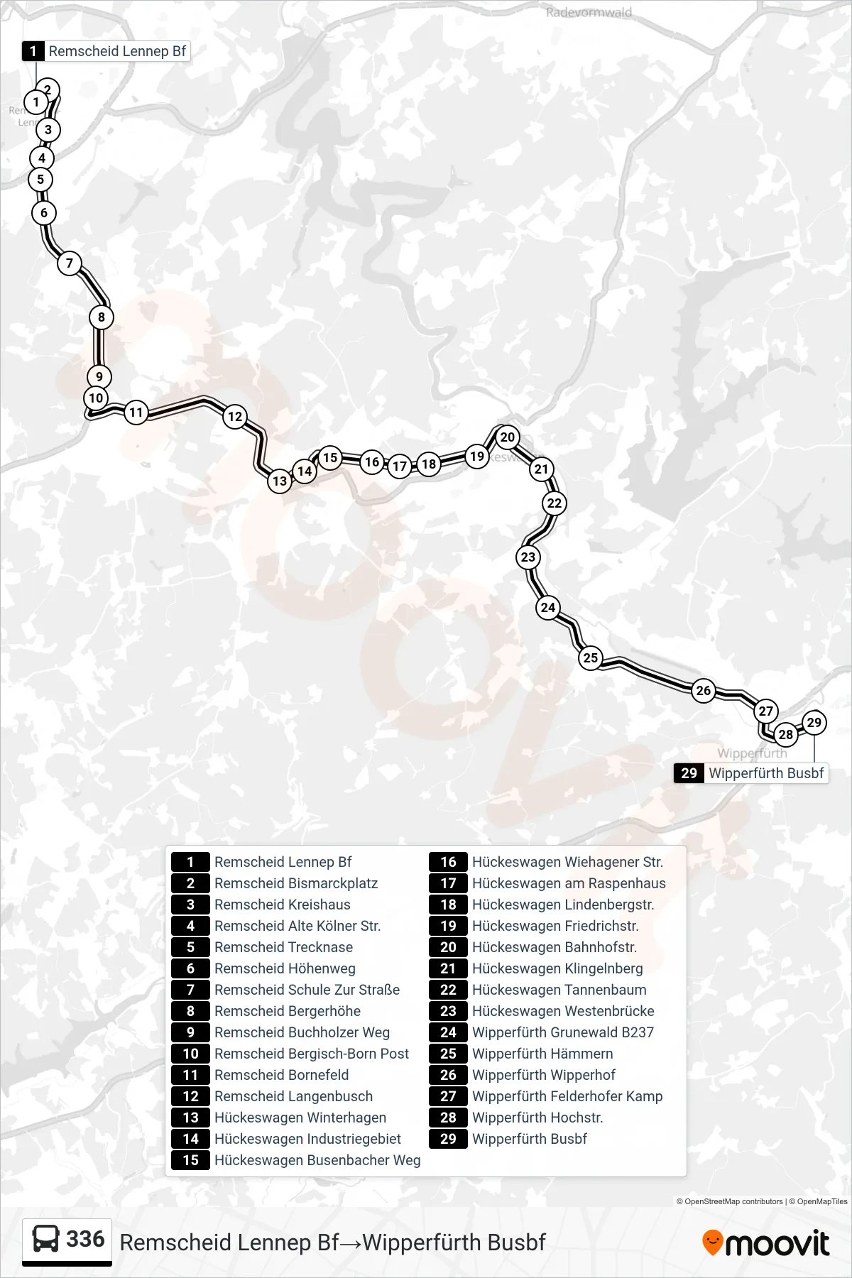 Linie 336 (Bus) Richtung Remscheid Lennep Bf→Wipperfürth Busbf: Route und Haltestellen auf der Karte