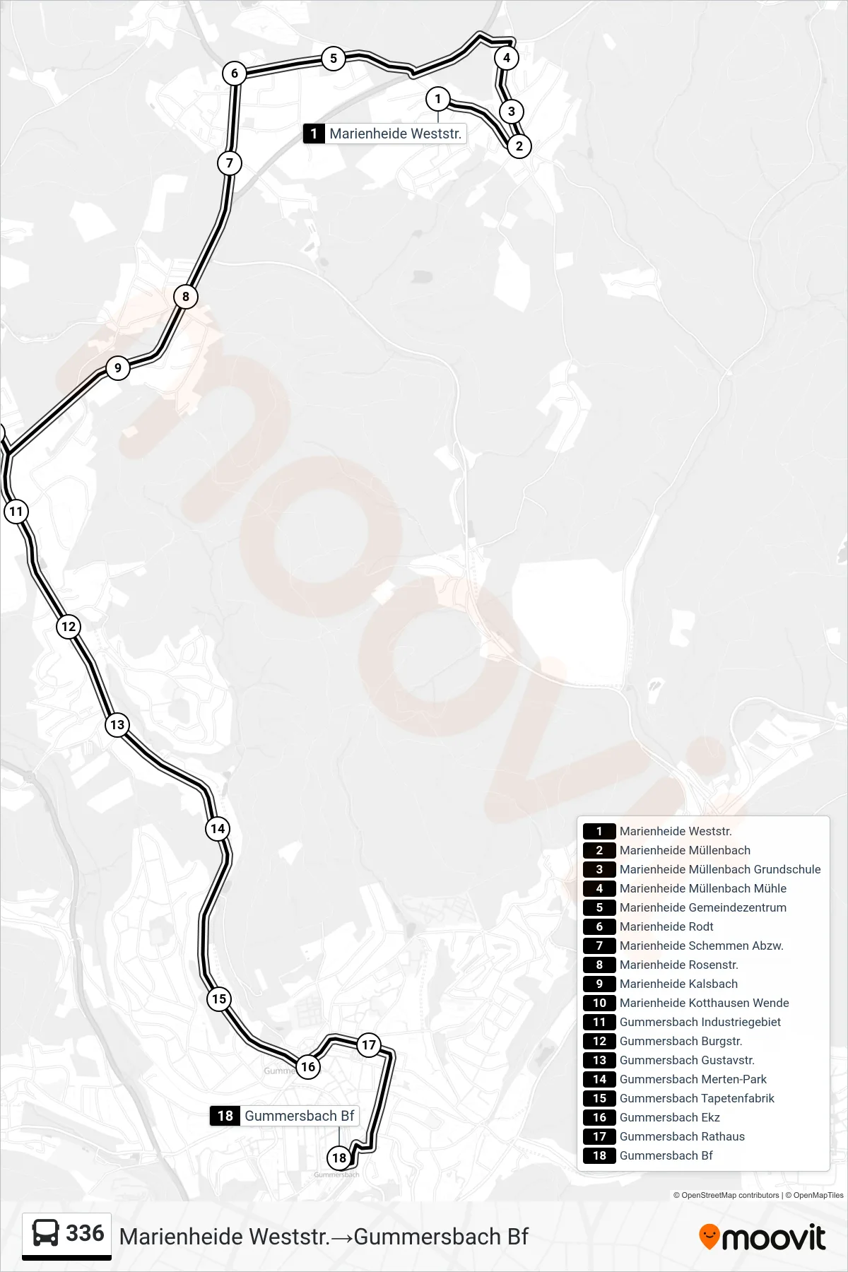 Linie 336 (Bus) Richtung Marienheide Weststr.→Gummersbach Bf: Route und Haltestellen auf der Karte