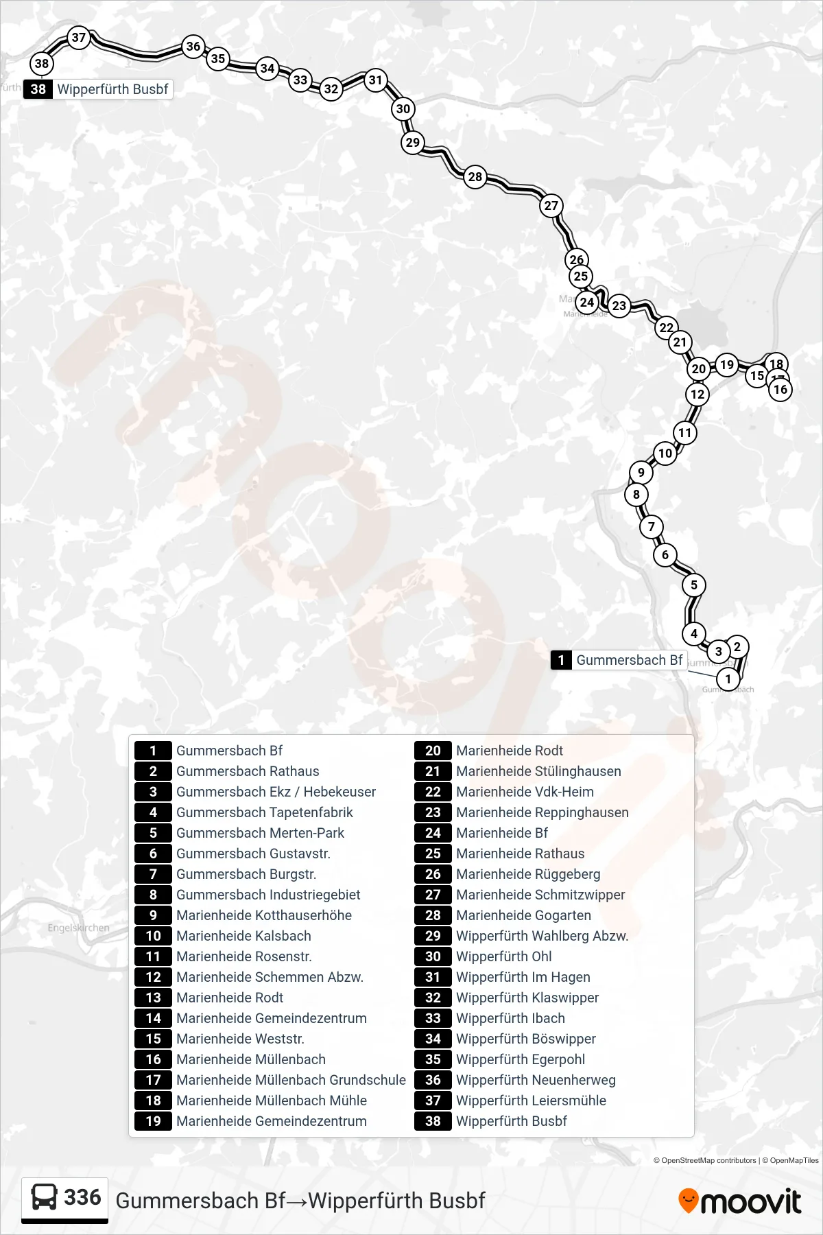 Linie 336 (Bus) Richtung Gummersbach Bf→Wipperfürth Busbf: Route und Haltestellen auf der Karte