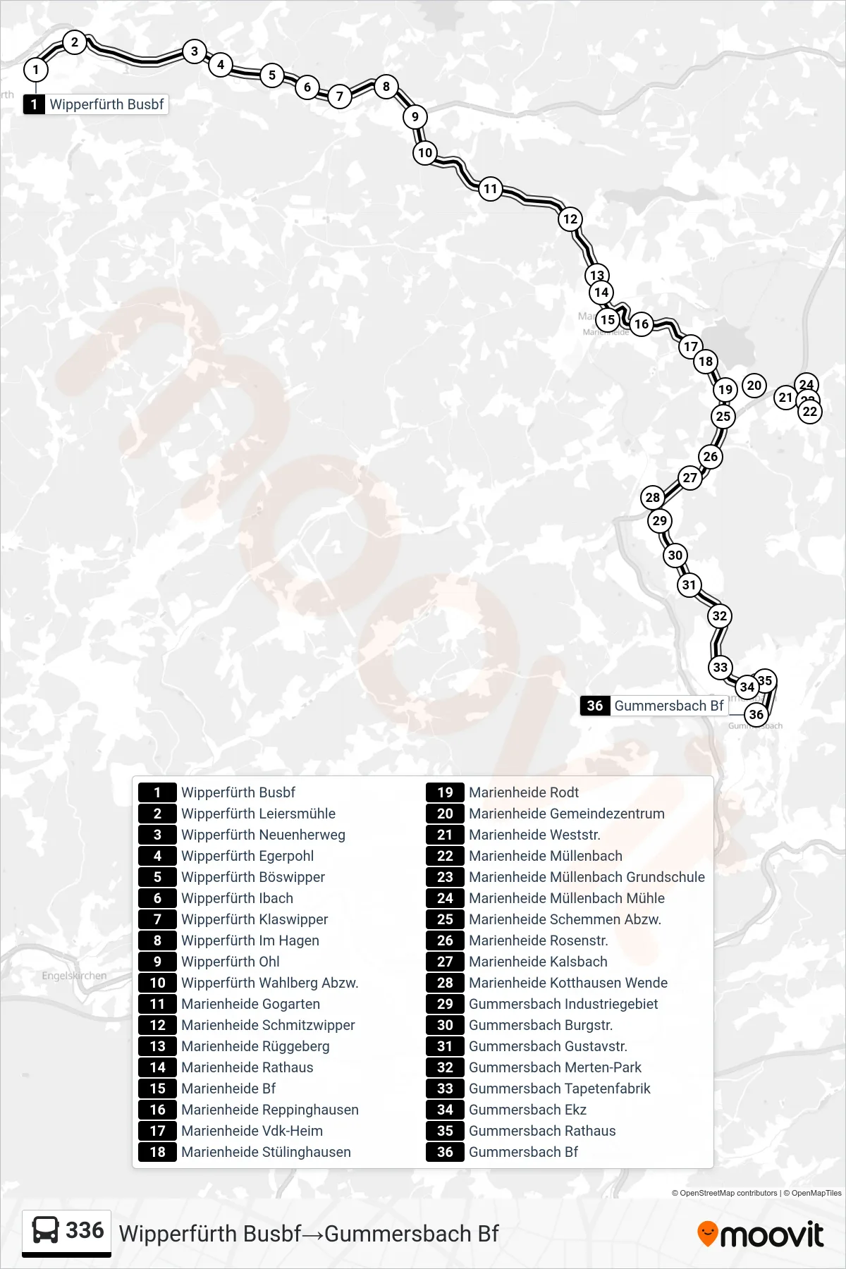 Linie 336 (Bus) Richtung Wipperfürth Busbf→Gummersbach Bf: Route und Haltestellen auf der Karte