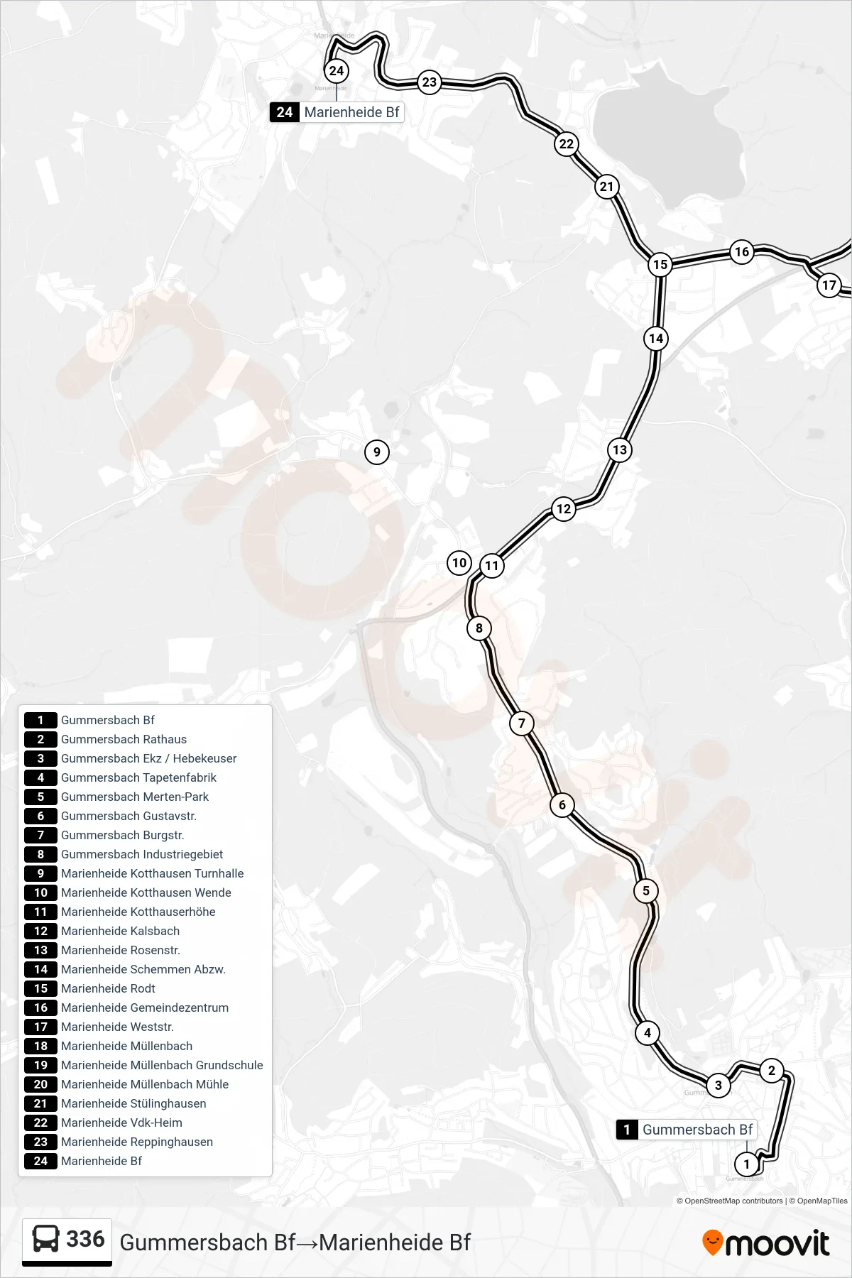 336 bus Line (Gummersbach Bf‎→Marienheide Bf) route and stops on a map