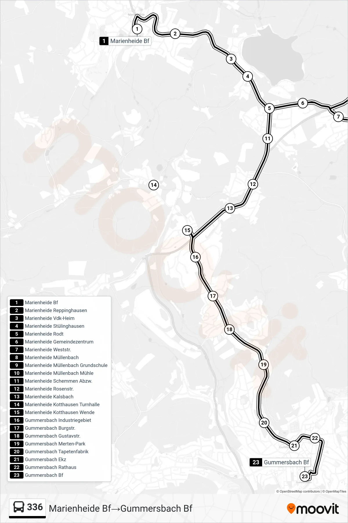 Linie 336 (Bus) Richtung Marienheide Bf→Gummersbach Bf: Route und Haltestellen auf der Karte