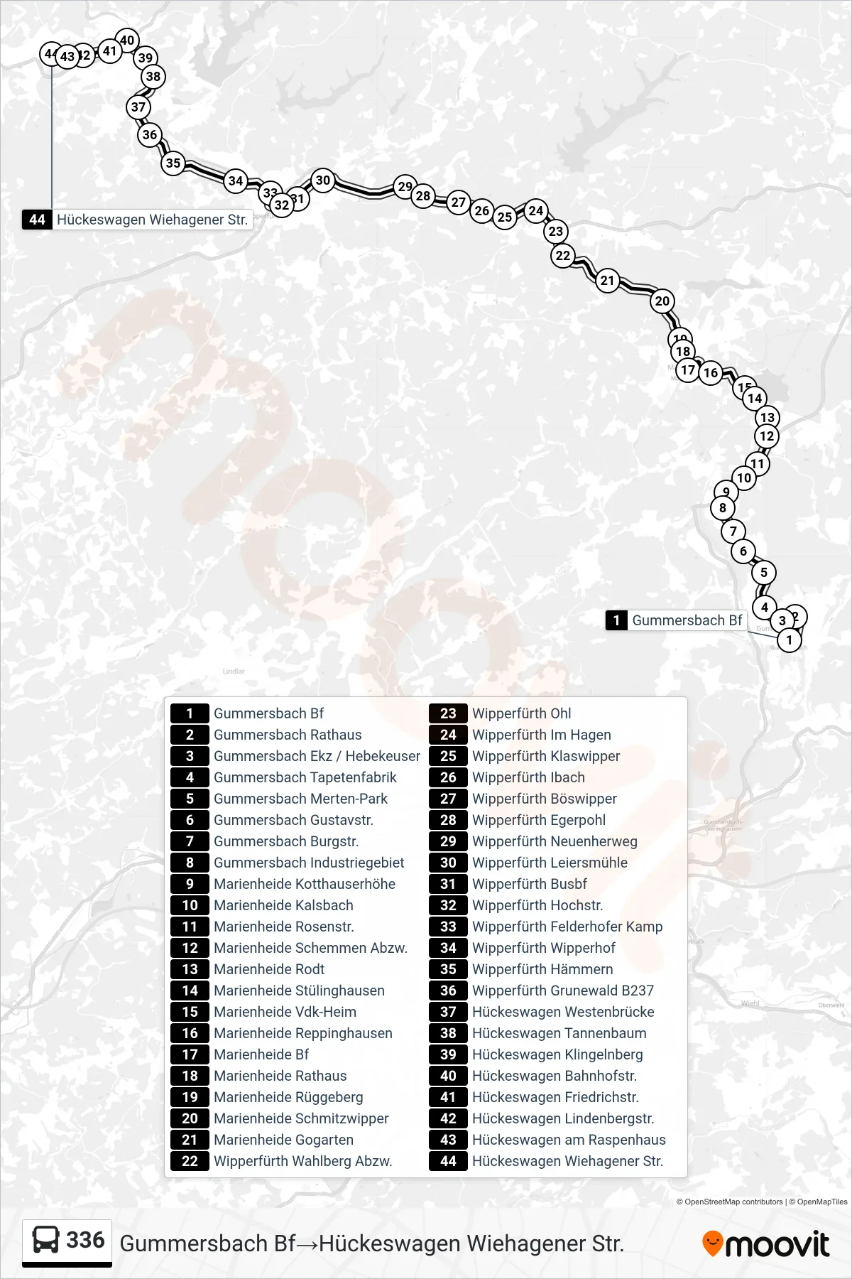 Linie 336 (Bus) Richtung Gummersbach Bf→Hückeswagen Wiehagener Str.: Route und Haltestellen auf der Karte