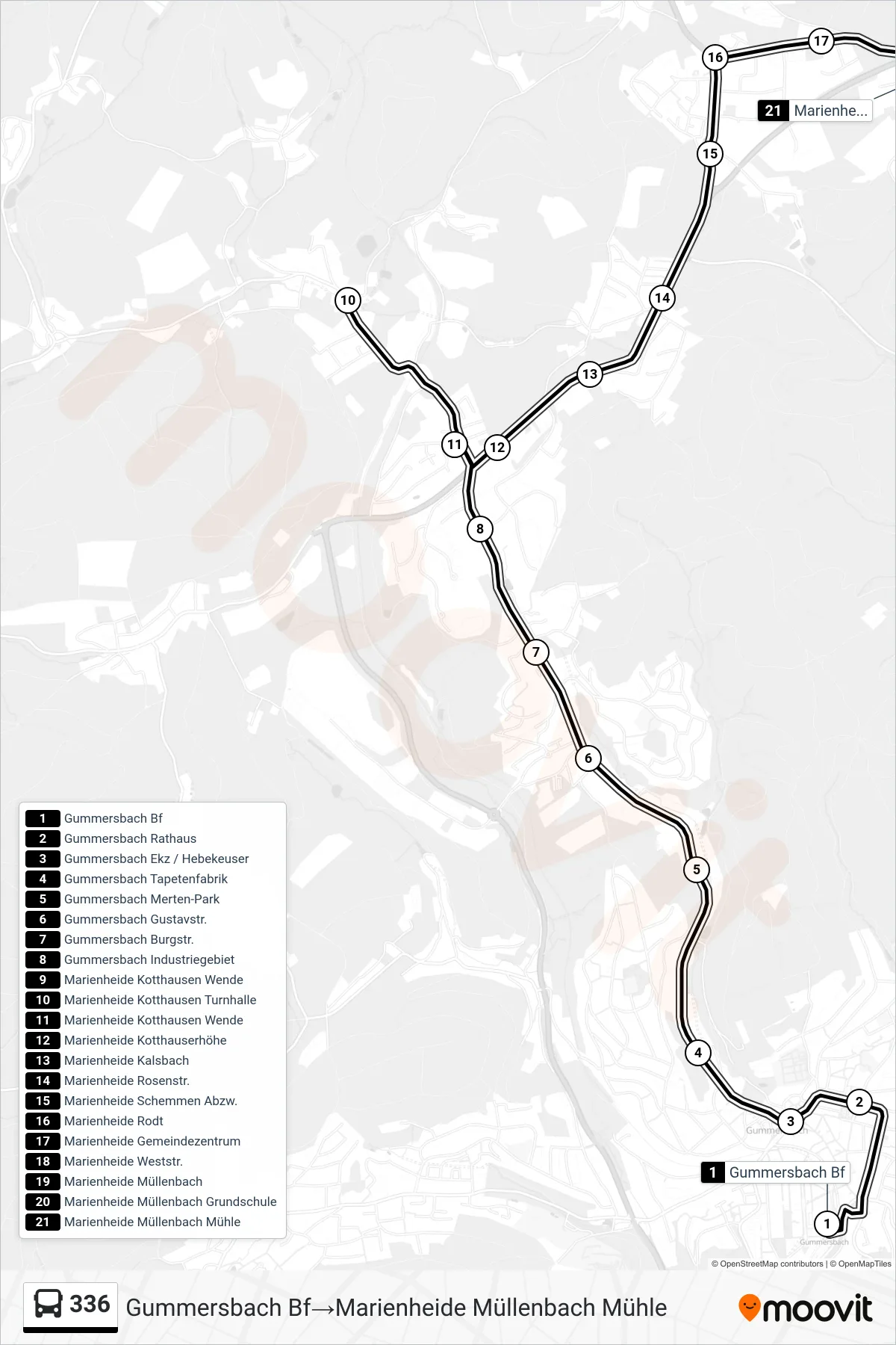 Linie 336 (Bus) Richtung Gummersbach Bf→Marienheide Müllenbach Mühle: Route und Haltestellen auf der Karte