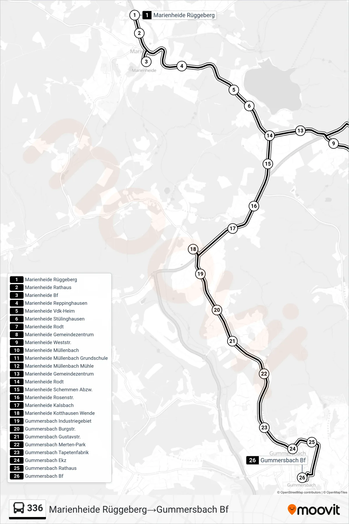 Linie 336 (Bus) Richtung Marienheide Rüggeberg→Gummersbach Bf: Route und Haltestellen auf der Karte