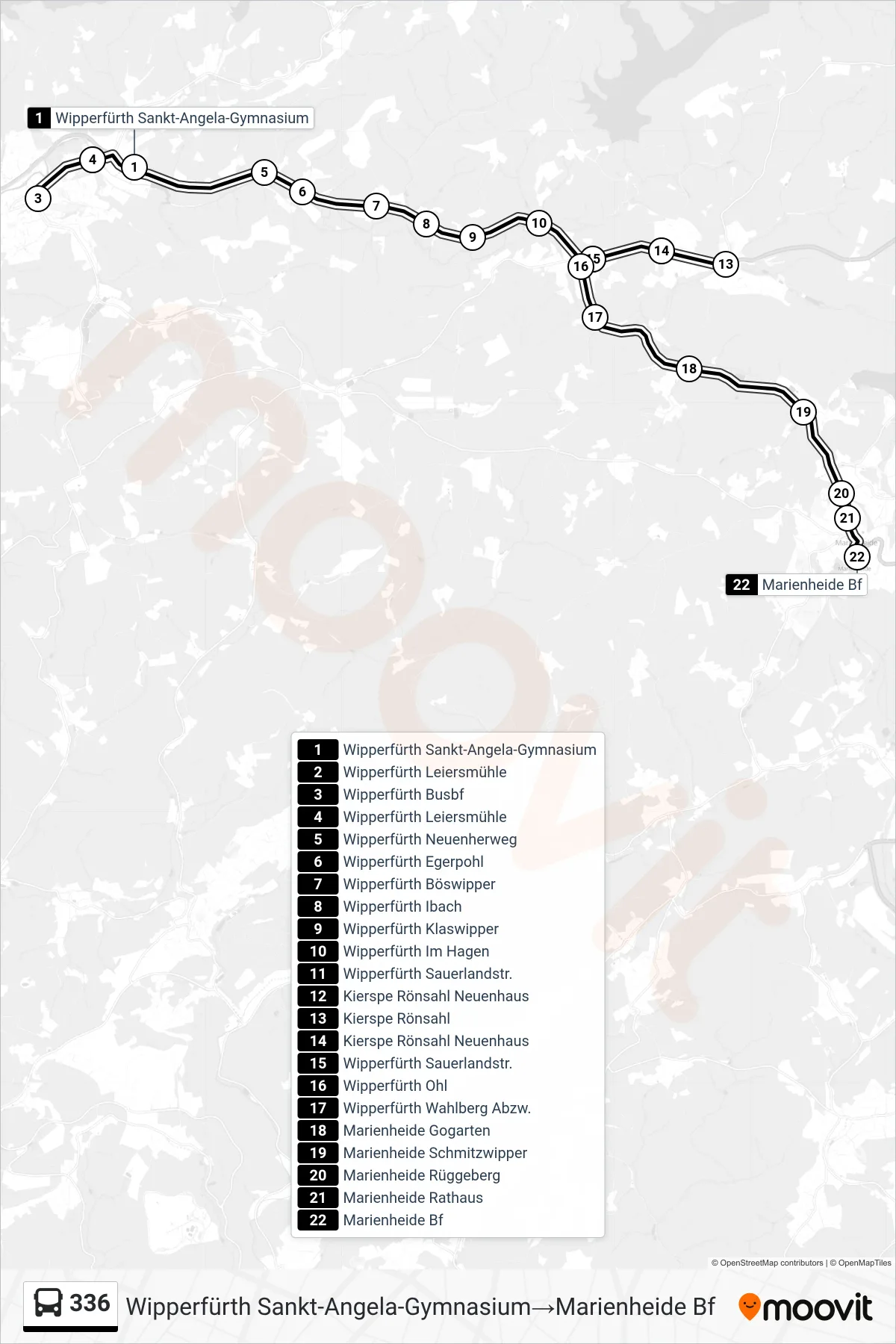 336 bus Line (Wipperfürth Sankt-Angela-Gymnasium‎→Marienheide Bf) route and stops on a map