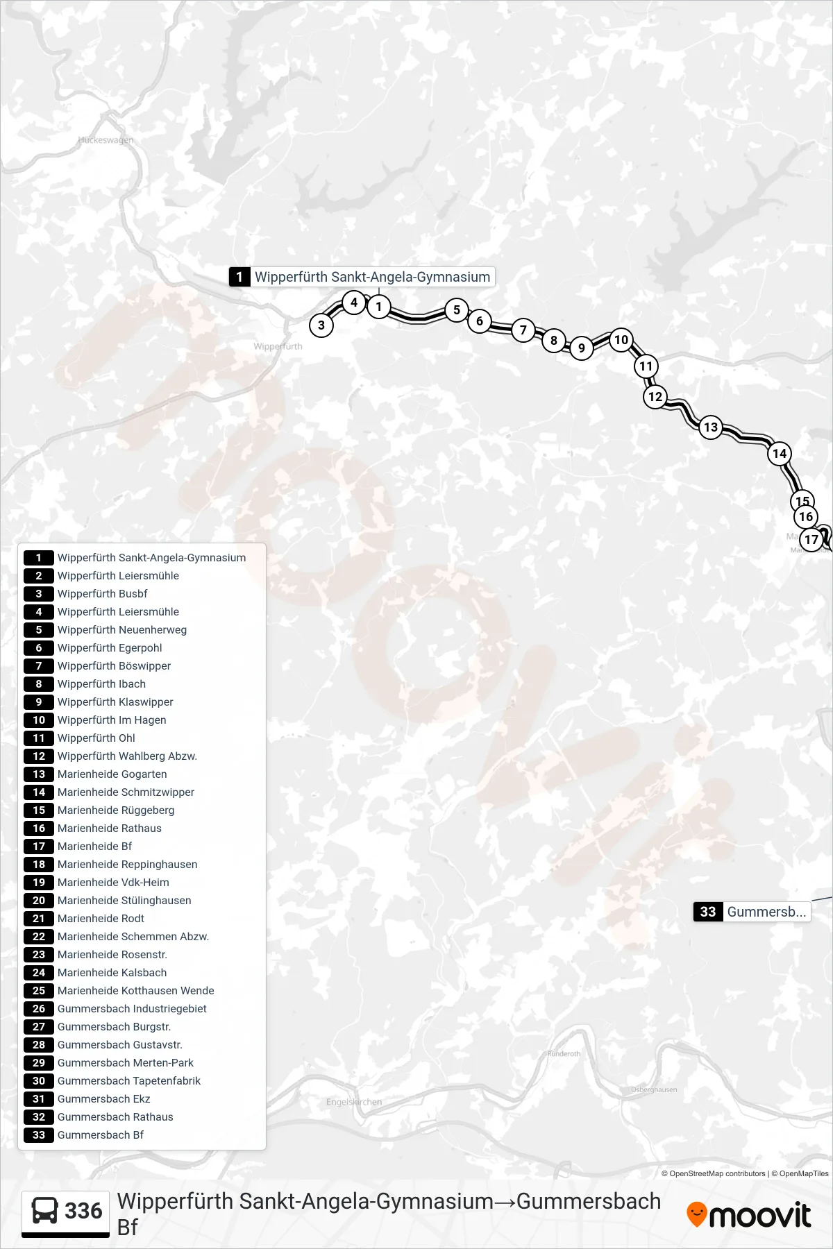 Linie 336 (Bus) Richtung Wipperfürth Sankt-Angela-Gymnasium→Gummersbach Bf: Route und Haltestellen auf der Karte