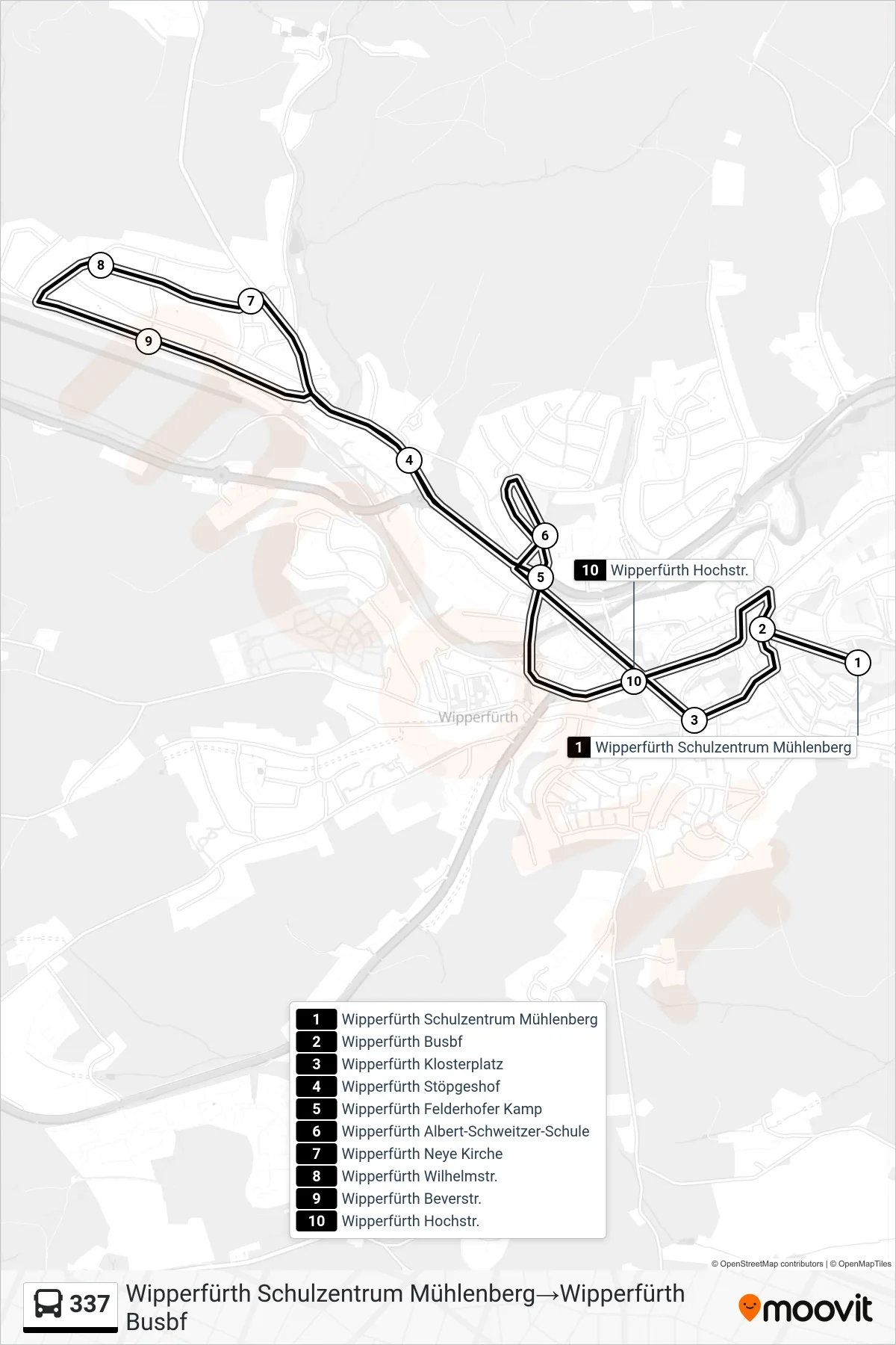 337 bus Line (Wipperfürth Schulzentrum Mühlenberg→Wipperfürth Busbf) route and stops on a map