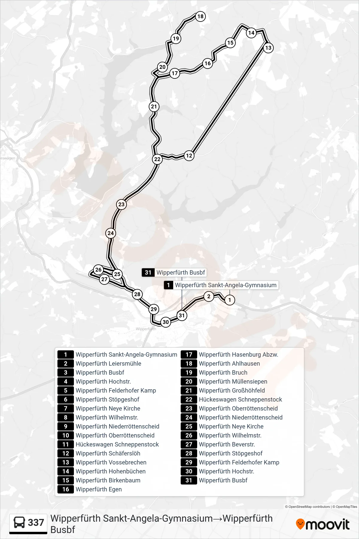 Linie 337 (Bus) Richtung Wipperfürth Sankt-Angela-Gymnasium→Wipperfürth Busbf: Route und Haltestellen auf der Karte