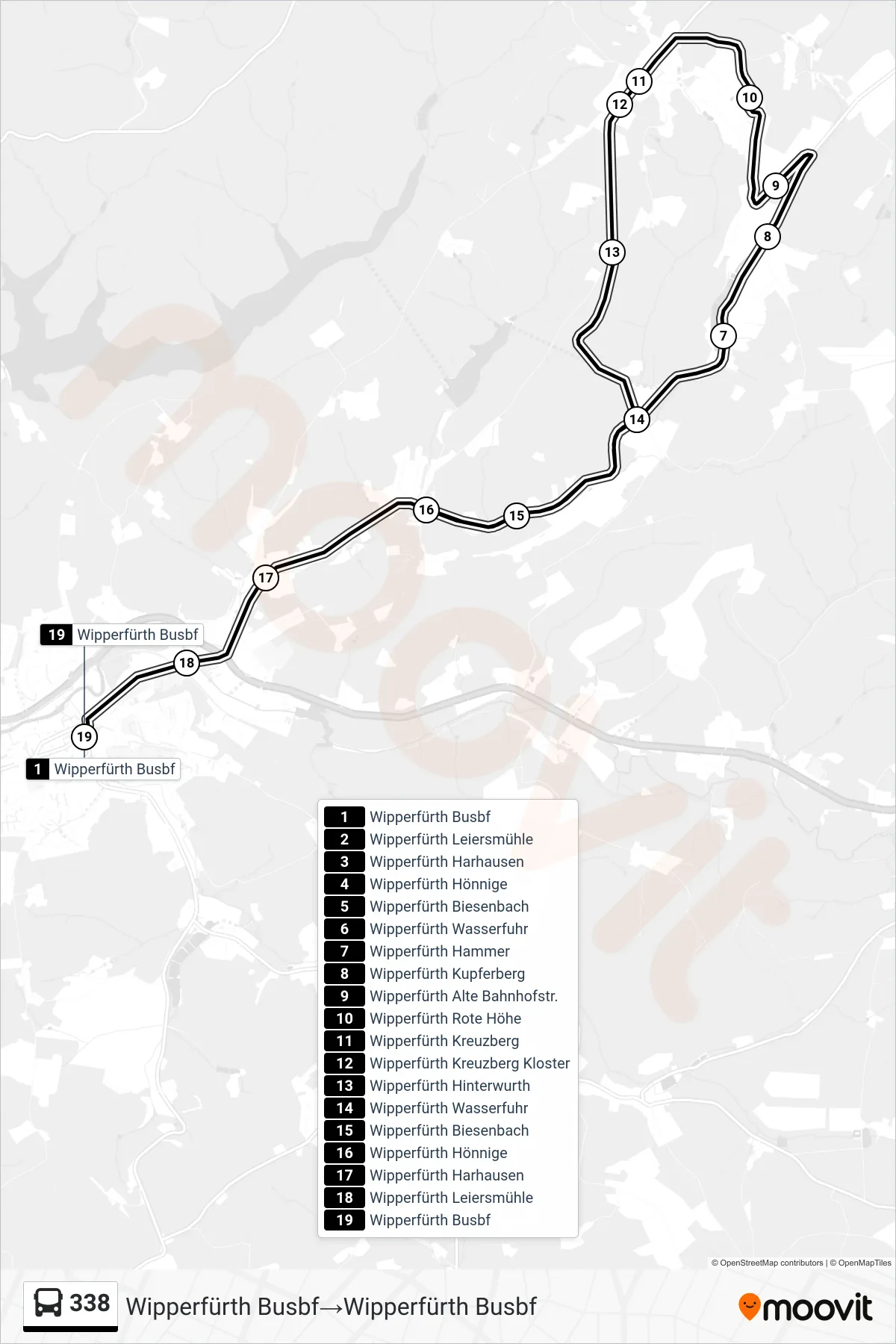 Linie 338 (Bus) Richtung Wipperfürth Busbf‎→Wipperfürth Busbf: Route und Haltestellen auf der Karte