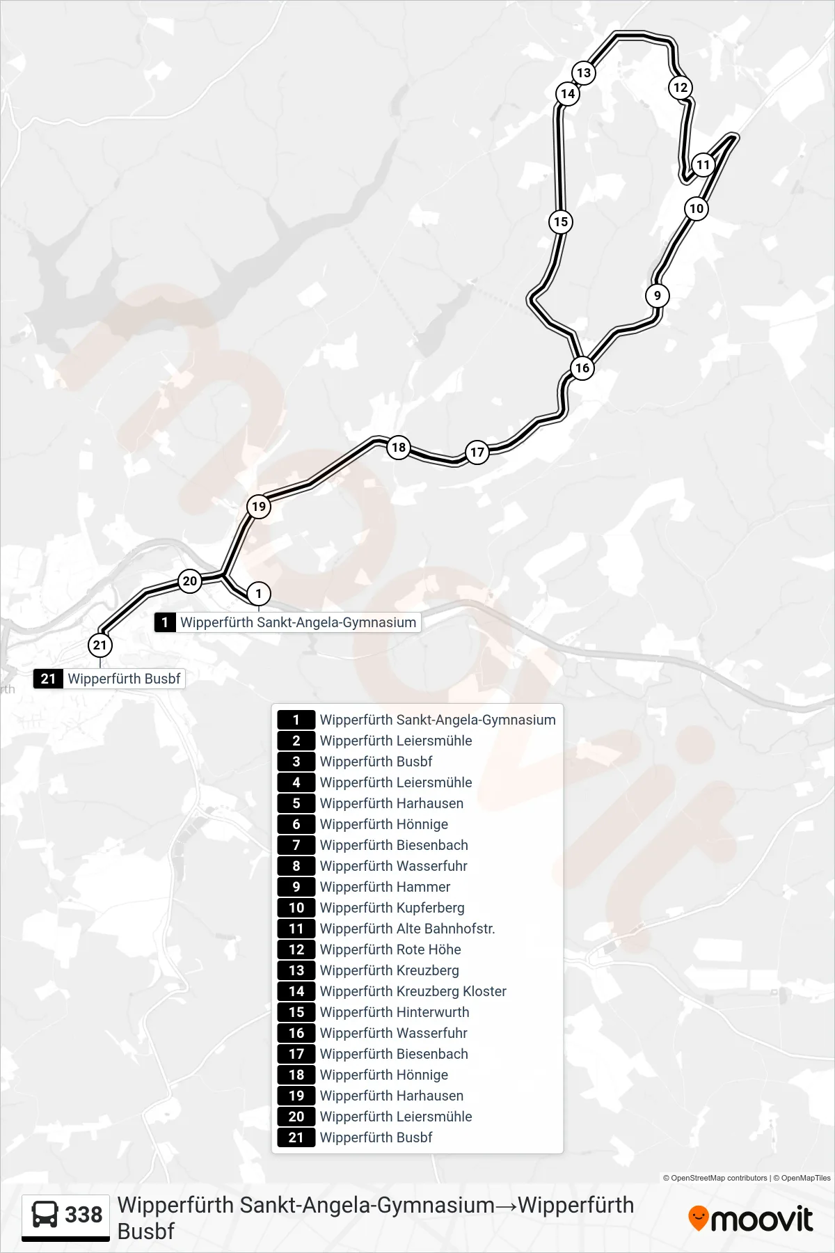 Linie 338 (Bus) Richtung Wipperfürth Sankt-Angela-Gymnasium‎→Wipperfürth Busbf: Route und Haltestellen auf der Karte