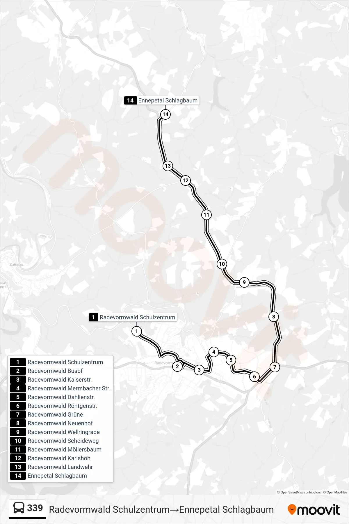339 bus Line (Radevormwald Schulzentrum→Ennepetal Schlagbaum) route and stops on a map