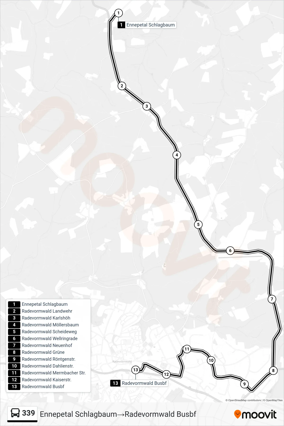 339 bus Line (Ennepetal Schlagbaum‎→Radevormwald Busbf) route and stops on a map