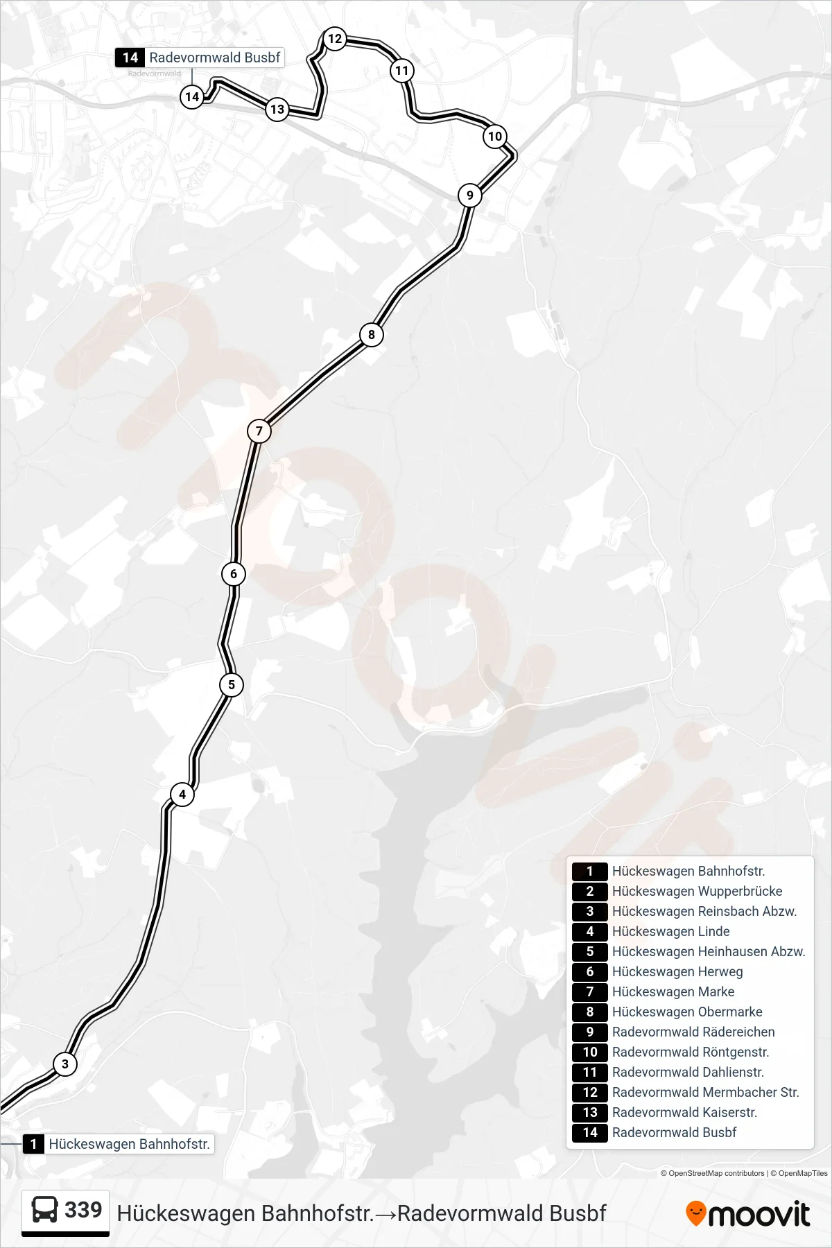Linie 339 (Bus) Richtung Hückeswagen Bahnhofstr.→Radevormwald Busbf: Route und Haltestellen auf der Karte