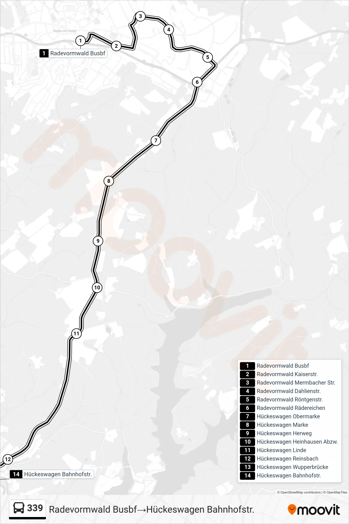 Linie 339 (Bus) Richtung Radevormwald Busbf→Hückeswagen Bahnhofstr.: Route und Haltestellen auf der Karte