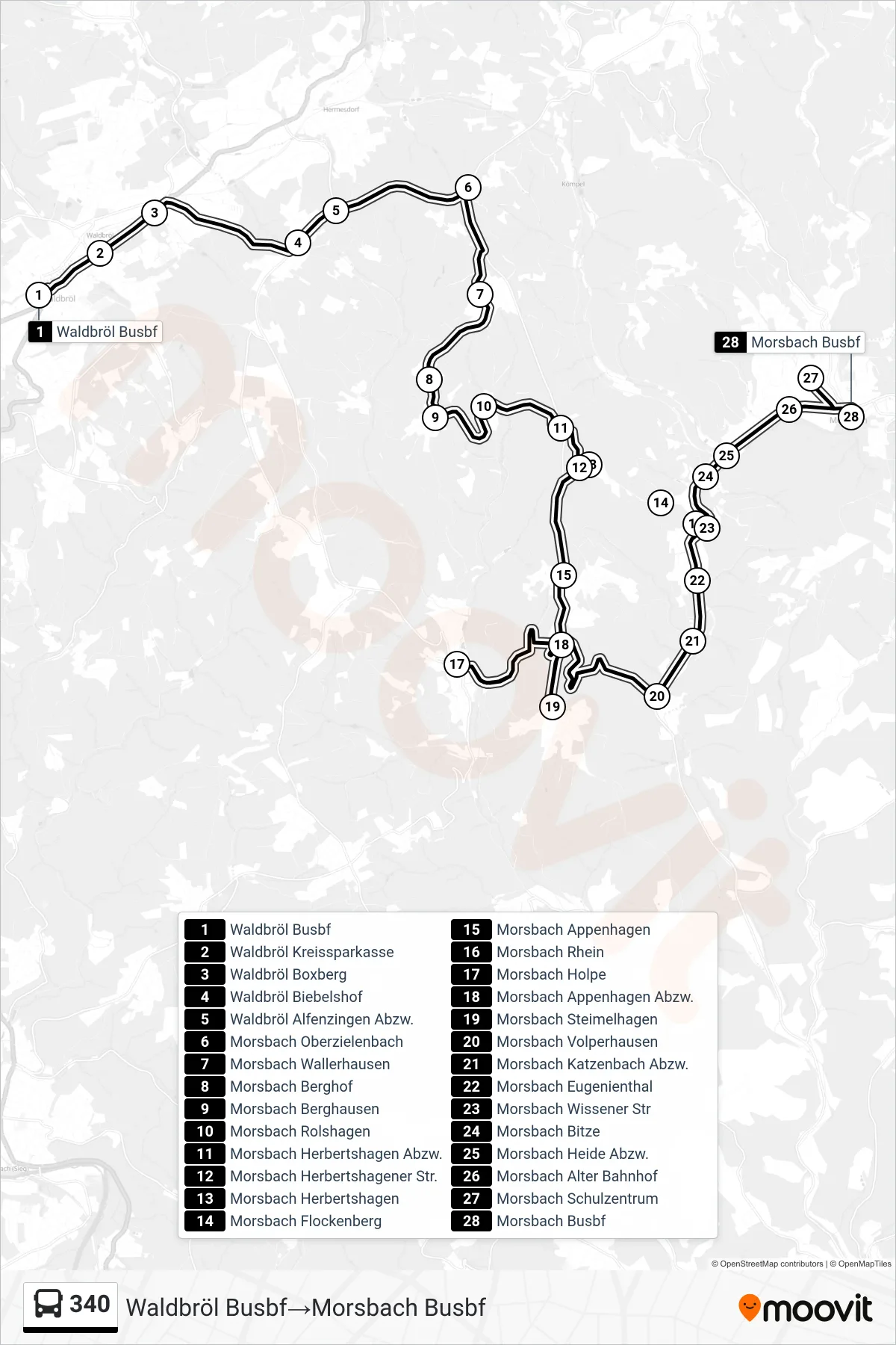 Linie 340 (Bus) Richtung Waldbröl Busbf→Morsbach Busbf: Route und Haltestellen auf der Karte