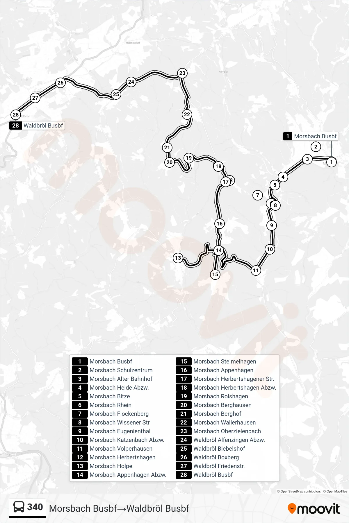 340 bus Line (Morsbach Busbf→Waldbröl Busbf) route and stops on a map