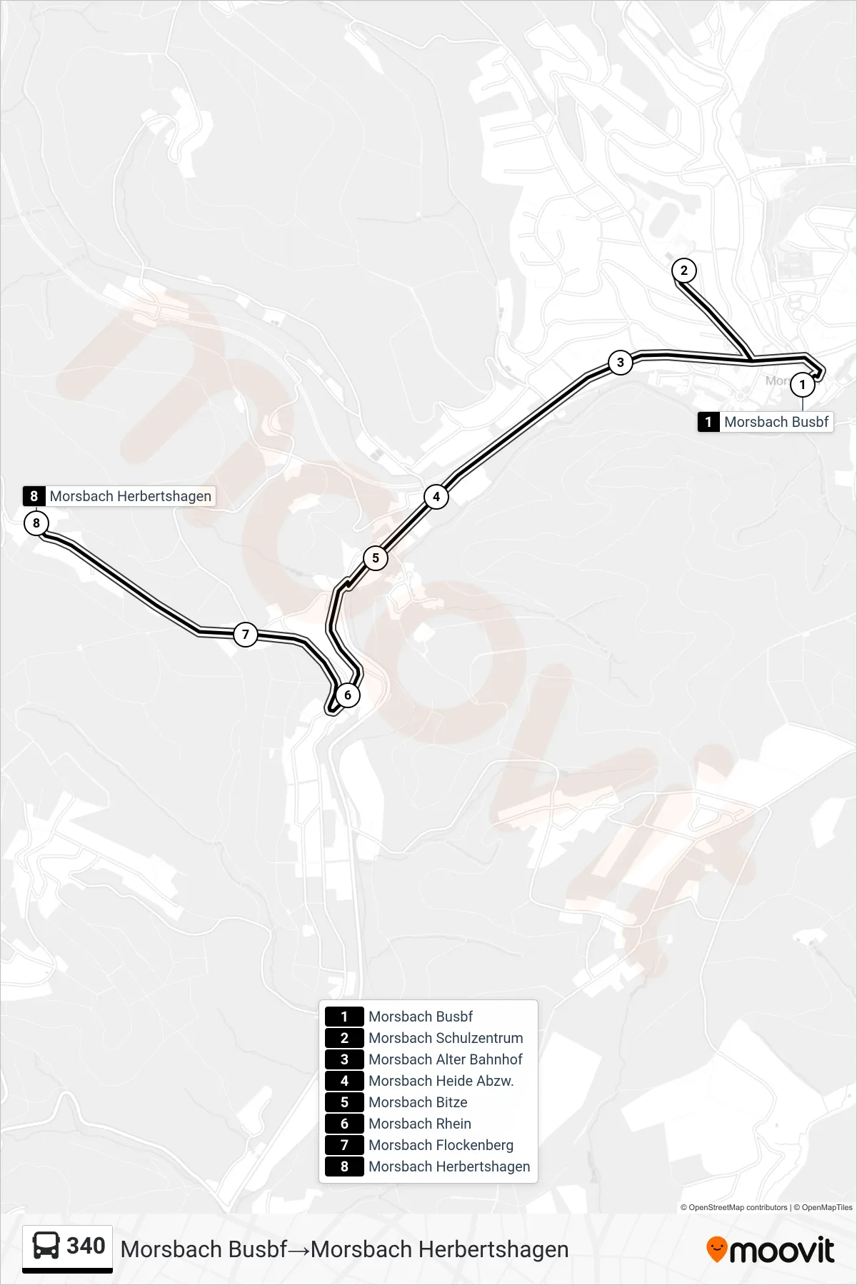 Linie 340 (Bus) Richtung Morsbach Busbf‎→Morsbach Herbertshagen: Route und Haltestellen auf der Karte