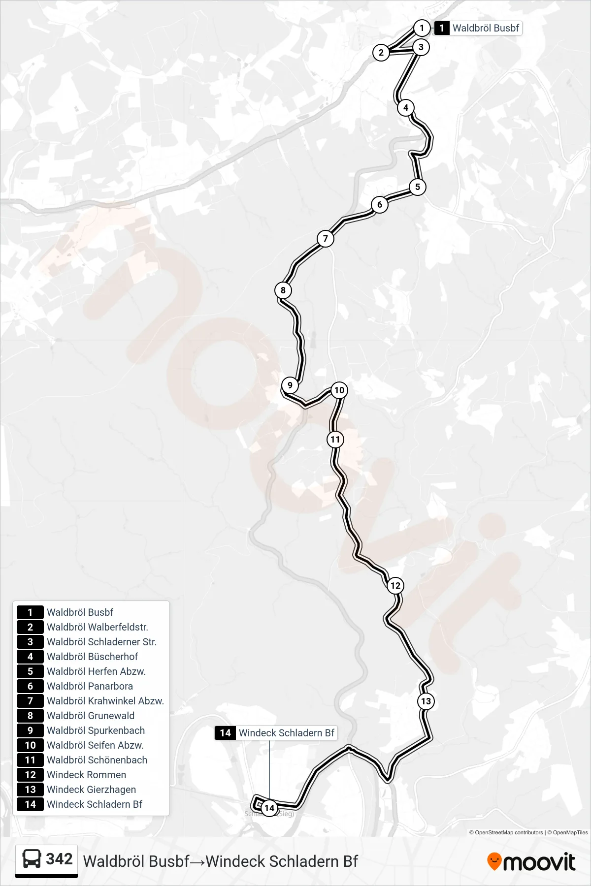 Linie 342 (Bus) Richtung Waldbröl Busbf→Windeck Schladern Bf: Route und Haltestellen auf der Karte