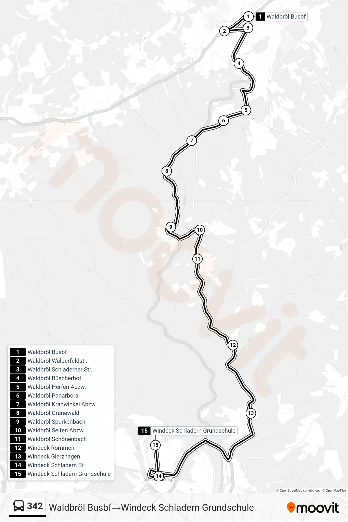 342 bus Line (Waldbröl Busbf‎→Windeck Schladern Grundschule) route and stops on a map