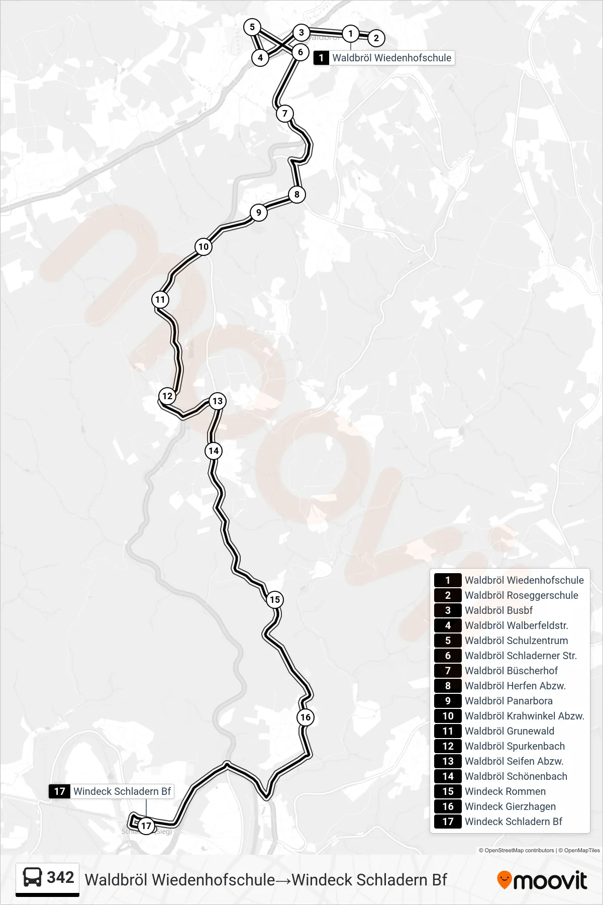 Linie 342 (Bus) Richtung Waldbröl Wiedenhofschule‎→Windeck Schladern Bf: Route und Haltestellen auf der Karte