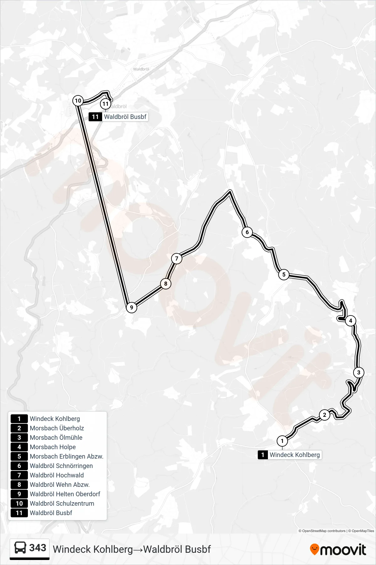 Linie 343 (Bus) Richtung Windeck Kohlberg→Waldbröl Busbf: Route und Haltestellen auf der Karte