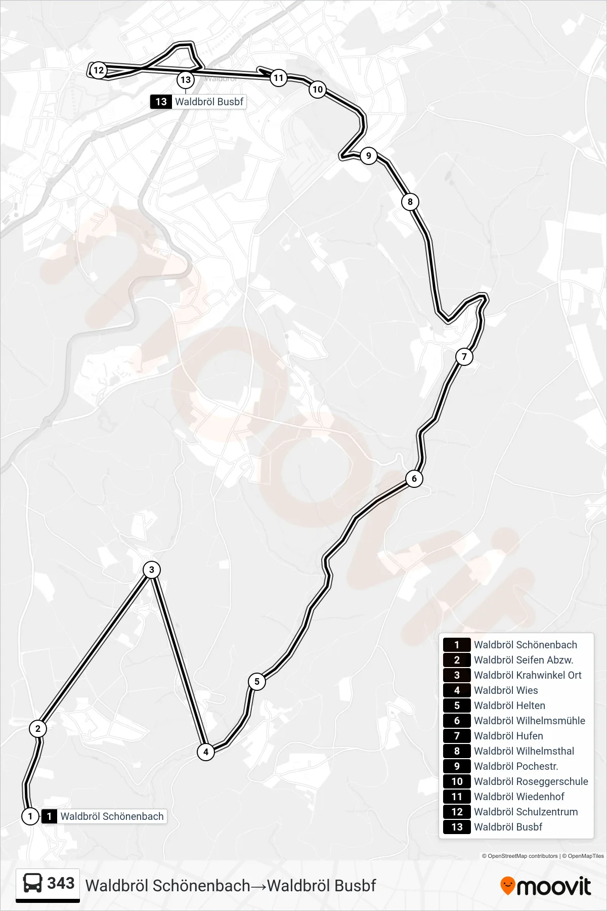 343 bus Line (Waldbröl Schönenbach→Waldbröl Busbf) route and stops on a map