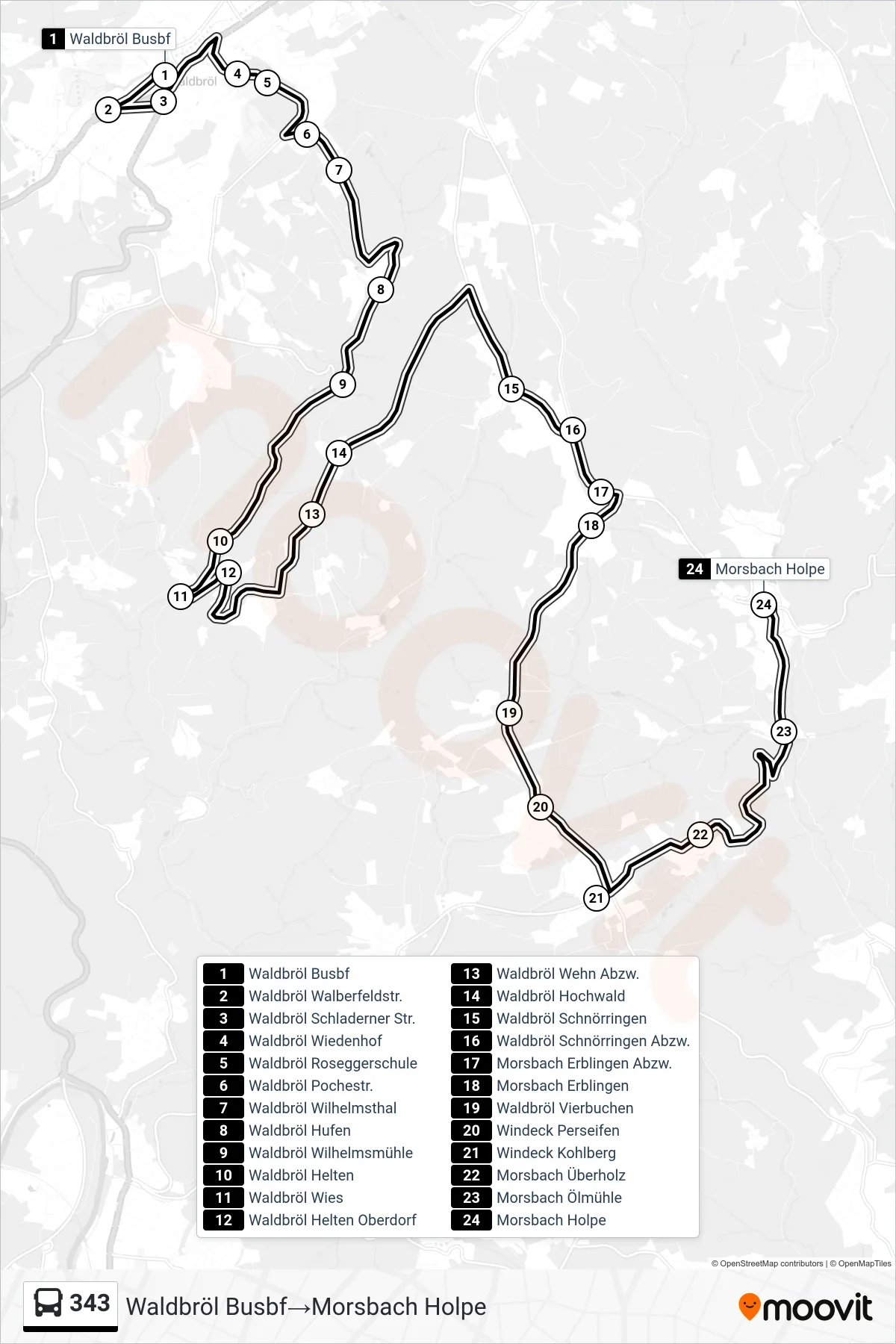 Linie 343 (Bus) Richtung Waldbröl Busbf→Morsbach Holpe: Route und Haltestellen auf der Karte