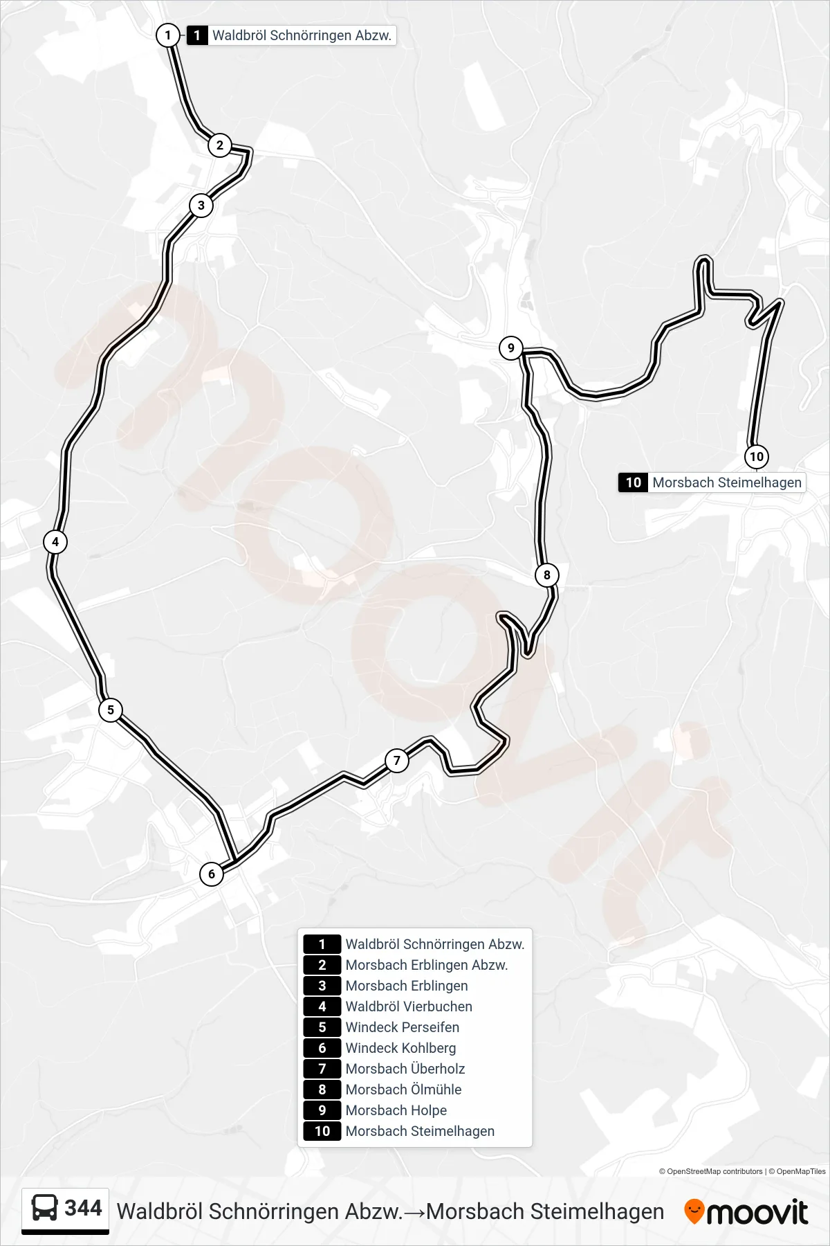 Linie 344 (Bus) Richtung Waldbröl Schnörringen Abzw.→Morsbach Steimelhagen: Route und Haltestellen auf der Karte