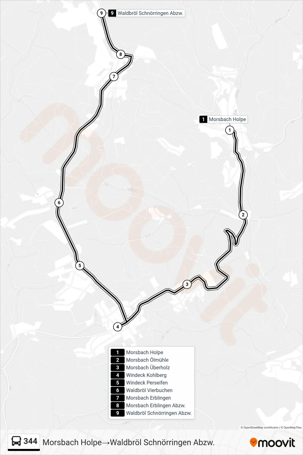 Linie 344 (Bus) Richtung Morsbach Holpe→Waldbröl Schnörringen Abzw.: Route und Haltestellen auf der Karte