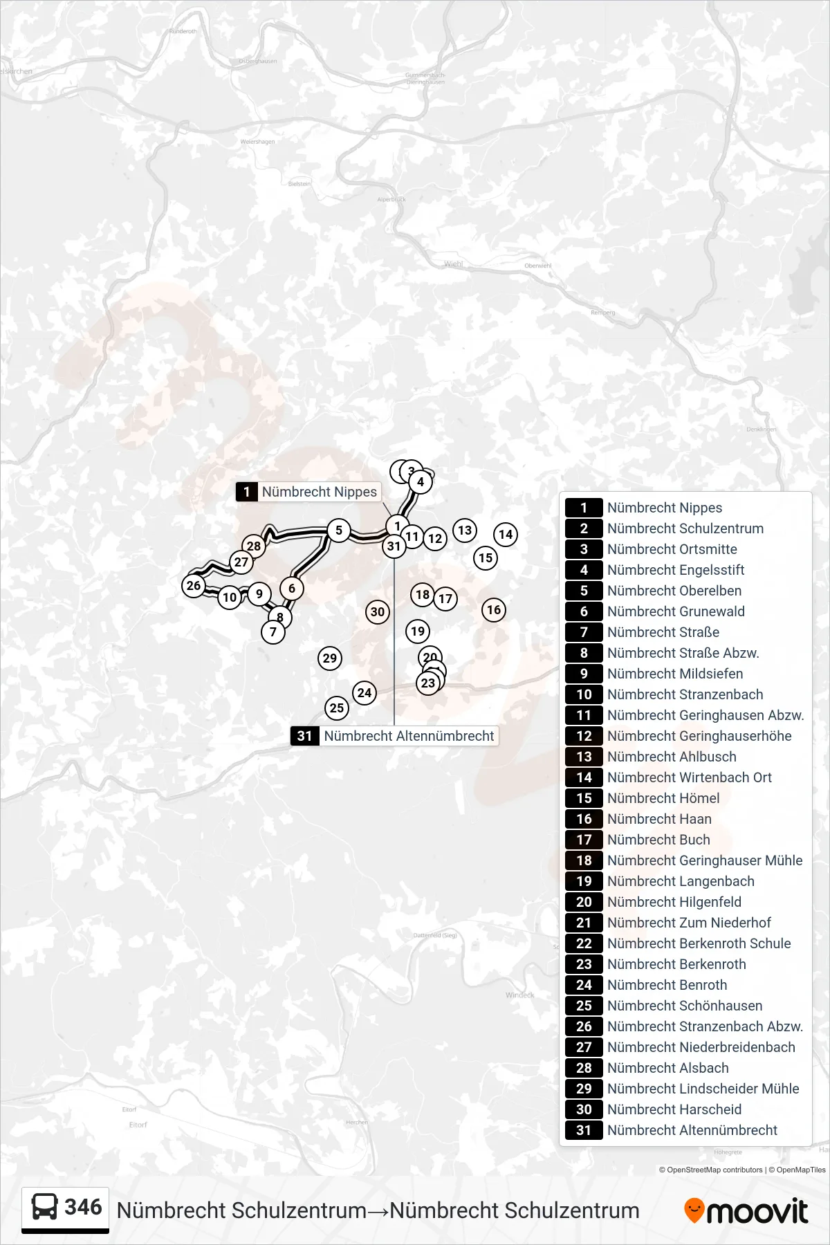 Linie 346 (Bus) Richtung Nümbrecht Schulzentrum‎→Nümbrecht Schulzentrum: Route und Haltestellen auf der Karte