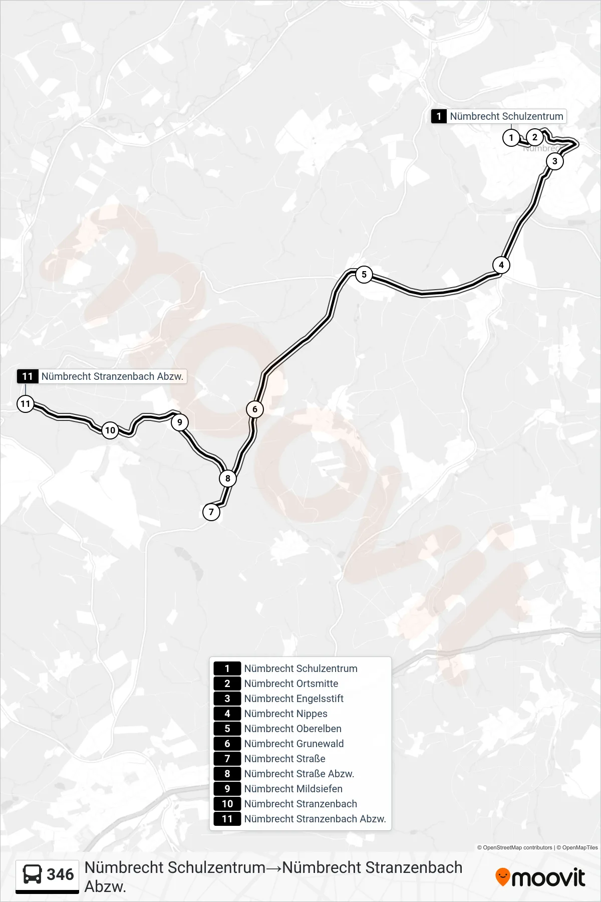 Linie 346 (Bus) Richtung Nümbrecht Schulzentrum‎→Nümbrecht Stranzenbach Abzw.: Route und Haltestellen auf der Karte
